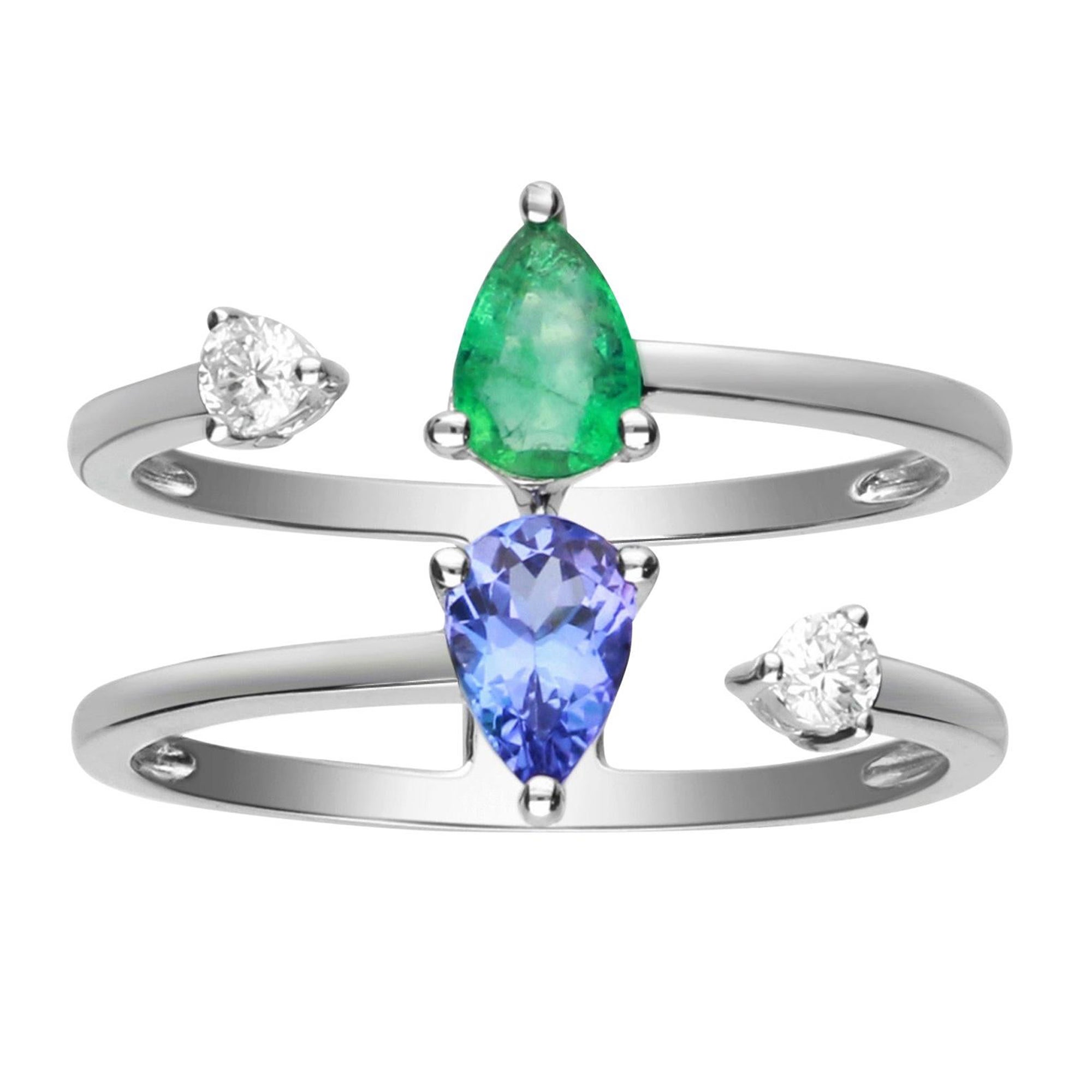 Bague en or blanc 14 carats avec émeraude 0,33 carat, tanzanite 0,42 carat et diamants en vente