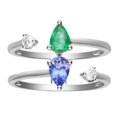 Bague en or blanc 14 carats avec émeraude 0,33 carat, tanzanite 0,42 carat et diamants