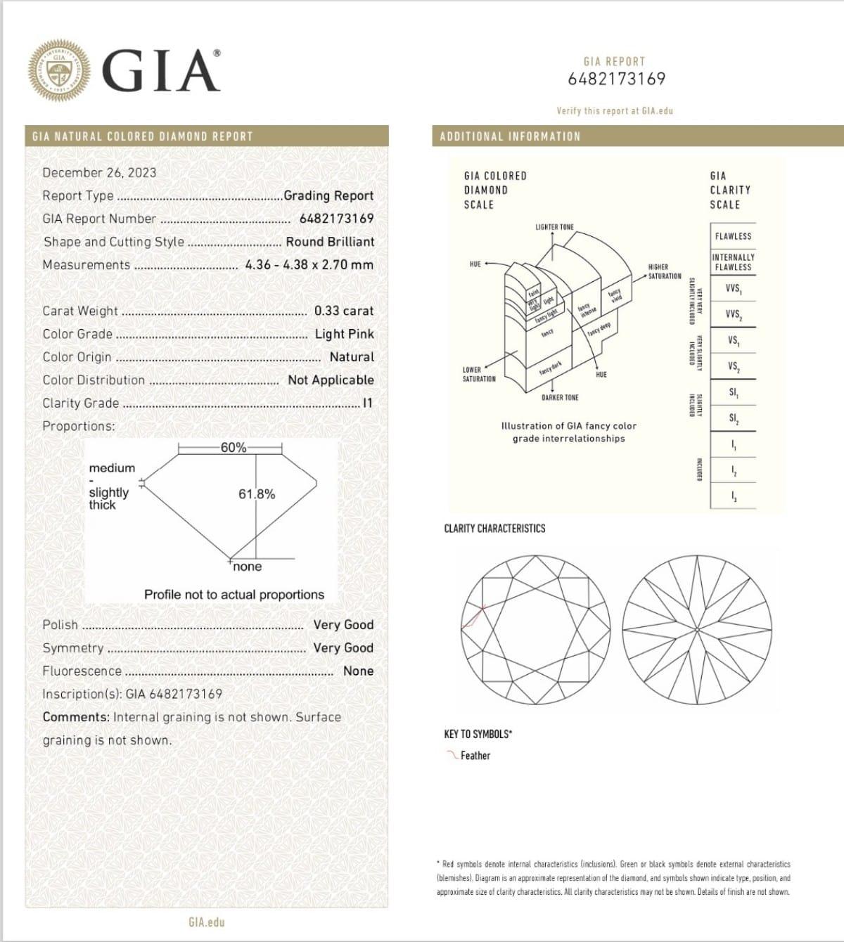 0.33 Carat Light Pink Round cut diamond I1 Clarity GIA Certified For Sale 2