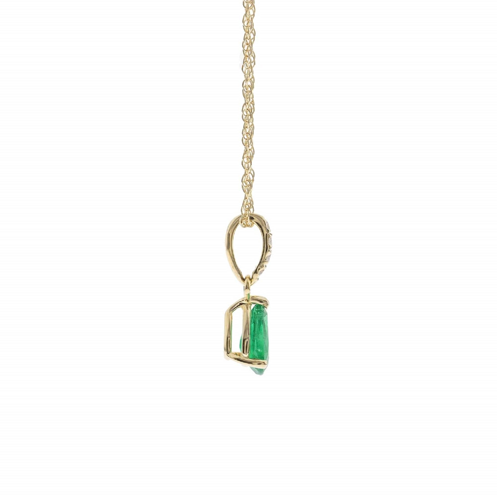 Stunning, timeless and classy eternity Unique Pendant. Decorate yourself in luxury with this Gin & Grace pendant. This pendant is made up of pear-Cut Prong Setting Emerald (1 pcs) 0.33 Carat and Round-Cut Prong Setting Diamond (4 pcs) 0.03 Carat