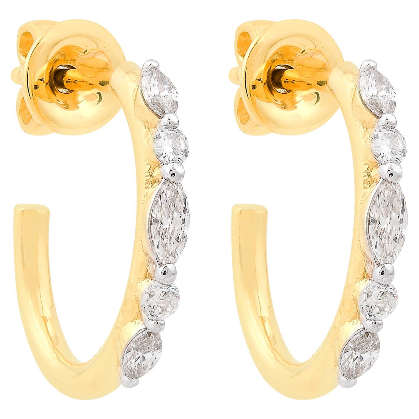 0.33 Carat Round & Marquise Diamond Hoop Earrings 18k Yellow Gold Fine Jewelry For Sale