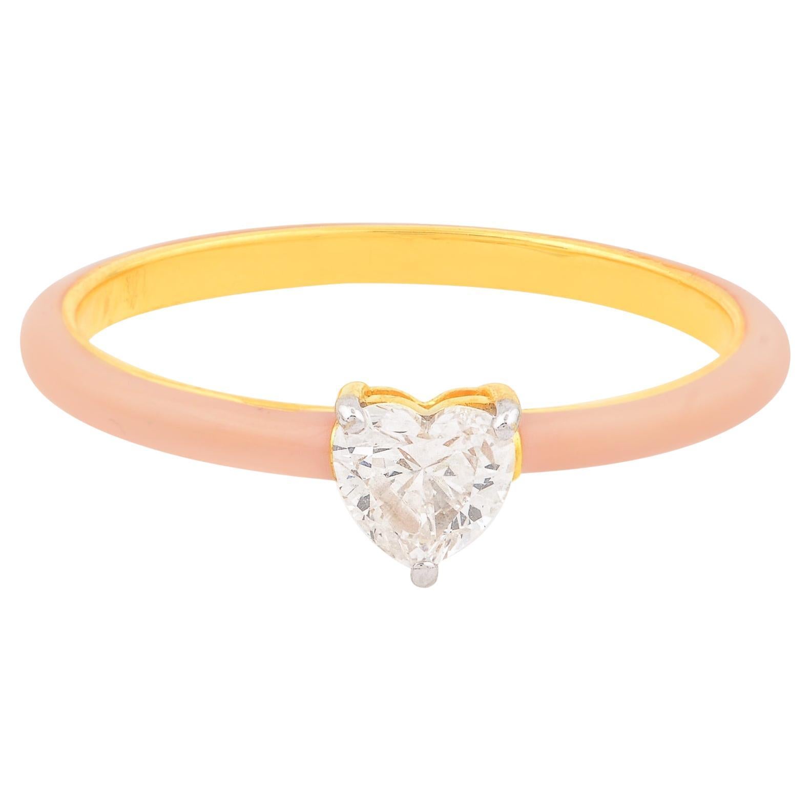 For Sale:  0.33 Carat Solitaire Heart Shape Diamond Enamel Band Ring 18k Yellow Gold