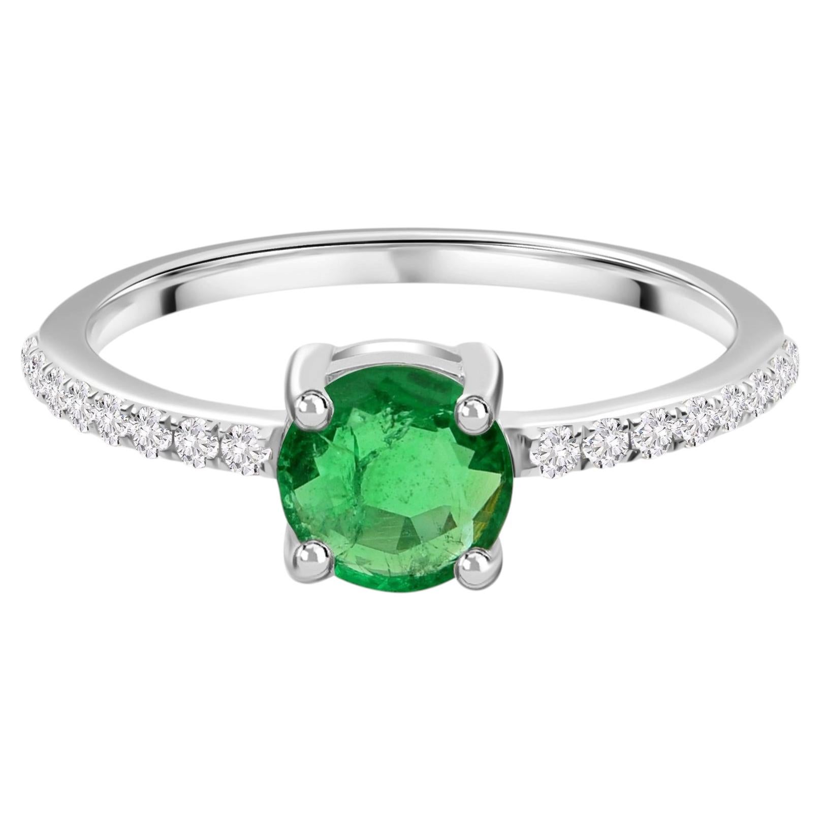 0.33 Carat Zambian Emerald Solitaire Ring 0.13 Ct SI/H Diamond 10K White Gold