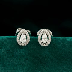 0.33 Ct Natural Diamond Pear Halo Stud Earrings 18K White Gold SI H-I Handmade