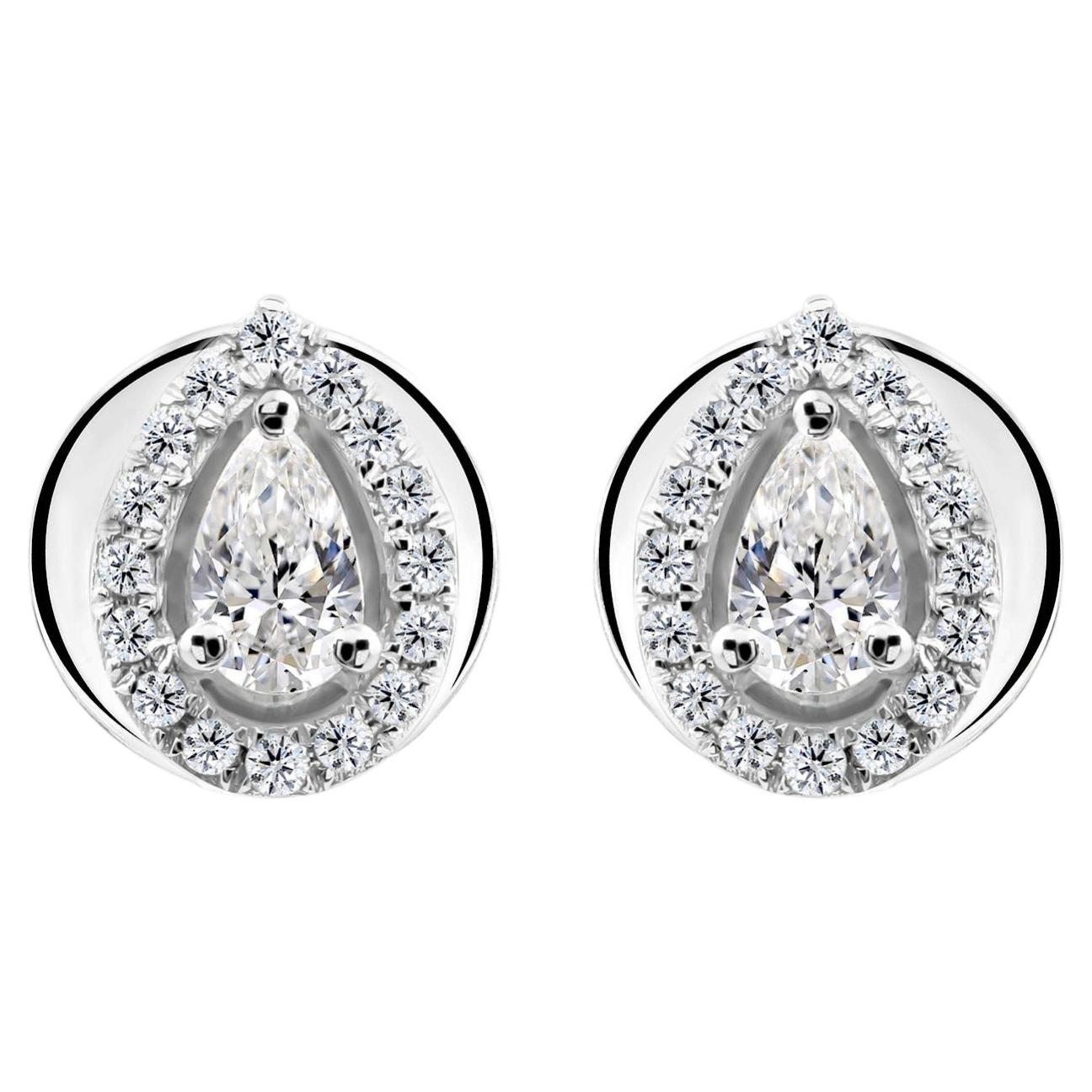 Pendientes de botón con halo de diamantes naturales en forma de pera de 0,33 ct, oro blanco de 18 quilates, SI, H-I, hechos a mano