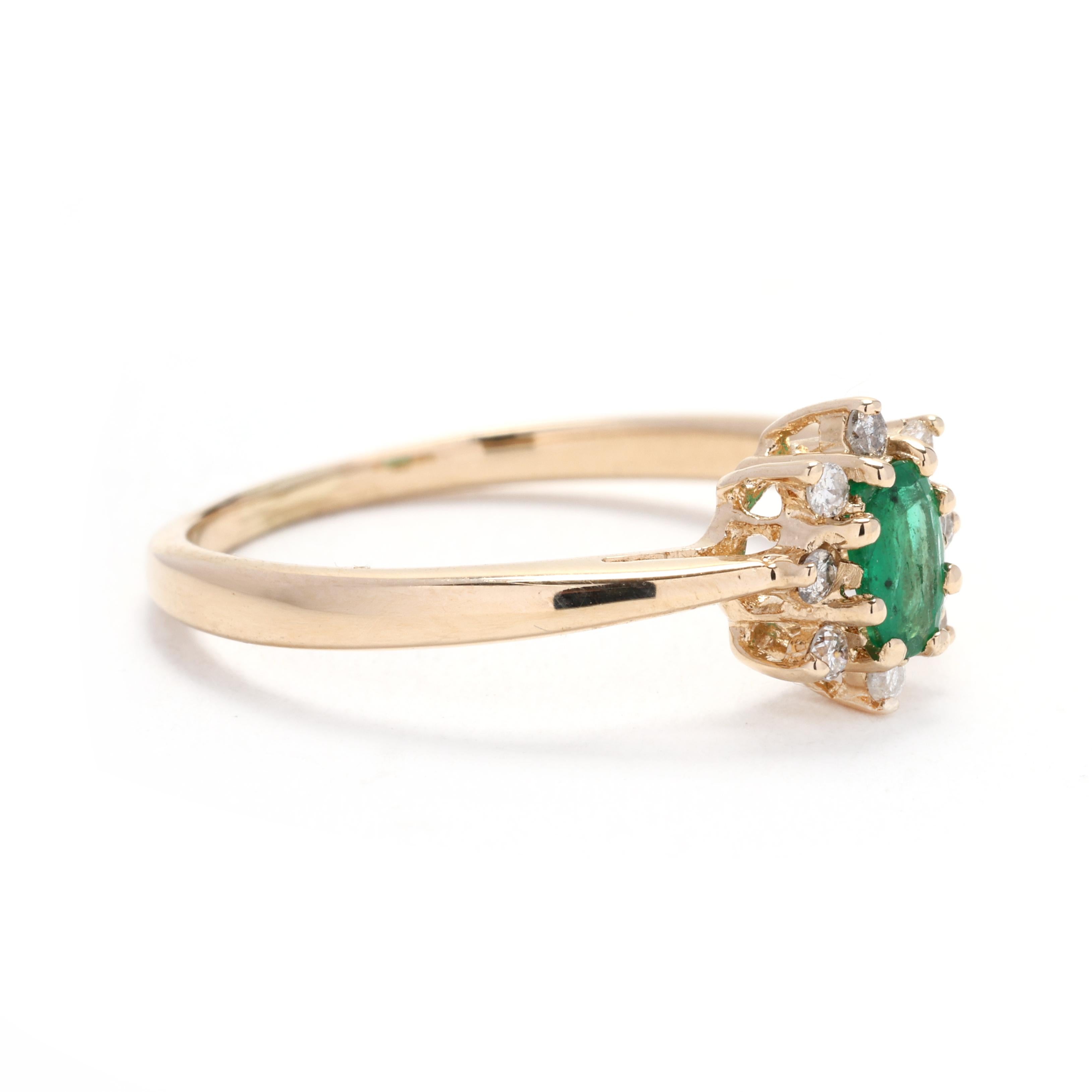 This stunning emerald and diamond cluster ring is the perfect addition to your jewelry collection. Crafted in 14k yellow gold, this ring features a beautiful flower design with a central 0.25 carat emerald surrounded by sparkling diamonds. The
