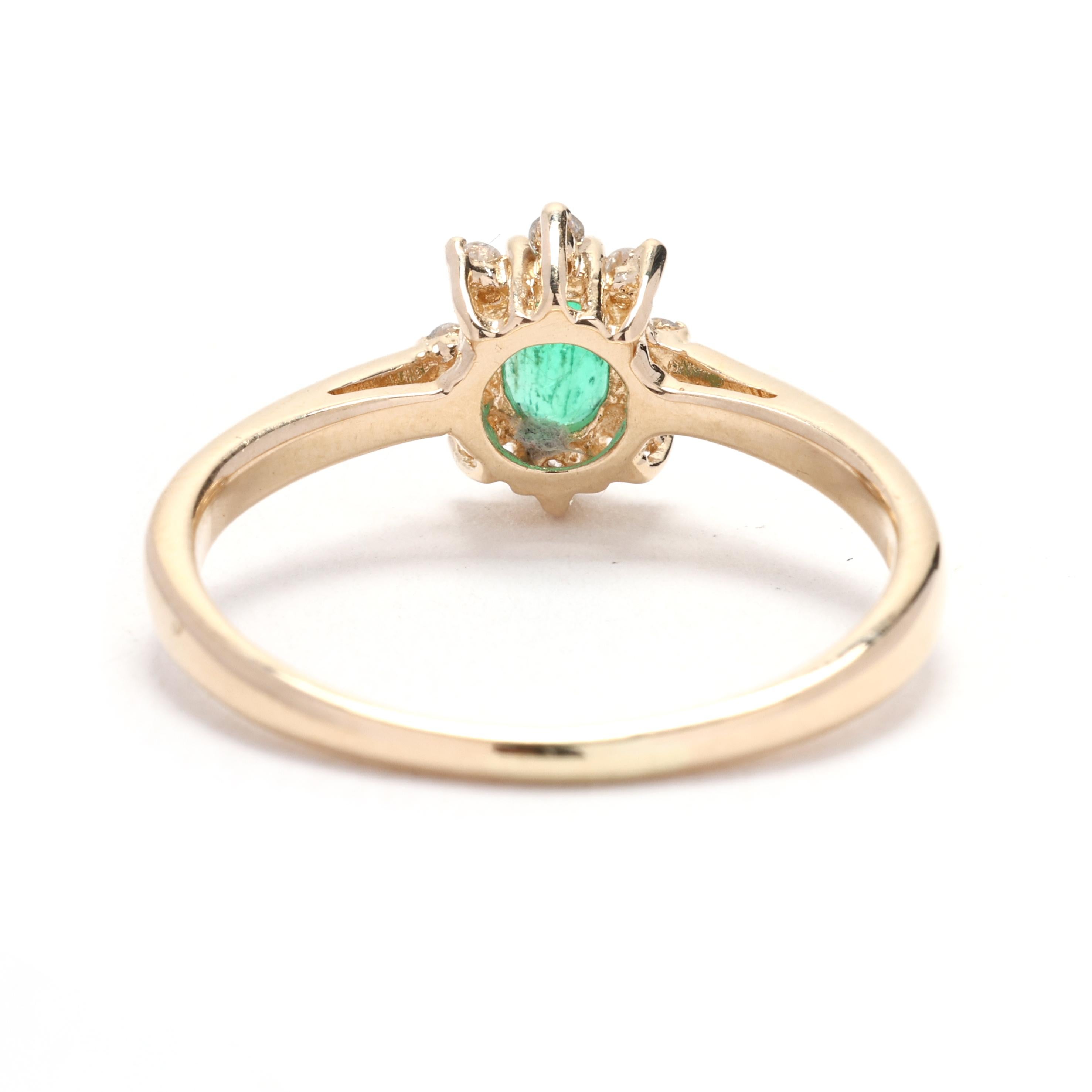 Oval Cut 0.33 Emerald and Diamond Cluster Ring, 14k Yellow Gold, Ring Size 7, Flower
