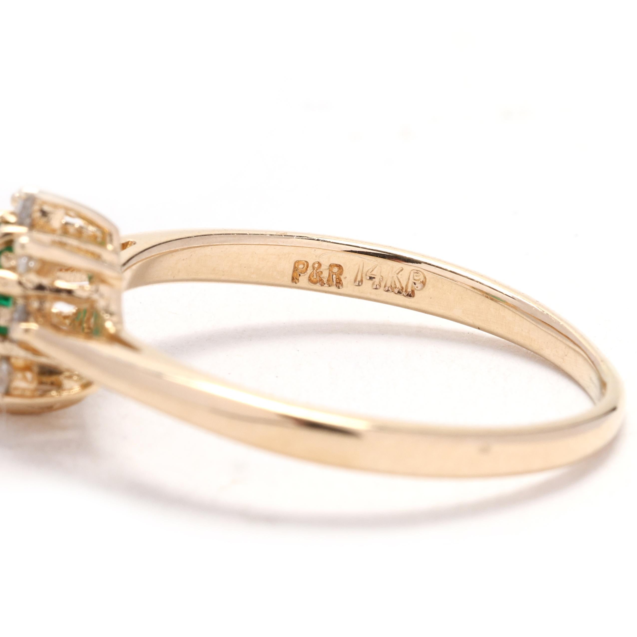 Women's or Men's 0.33 Emerald and Diamond Cluster Ring, 14k Yellow Gold, Ring Size 7, Flower