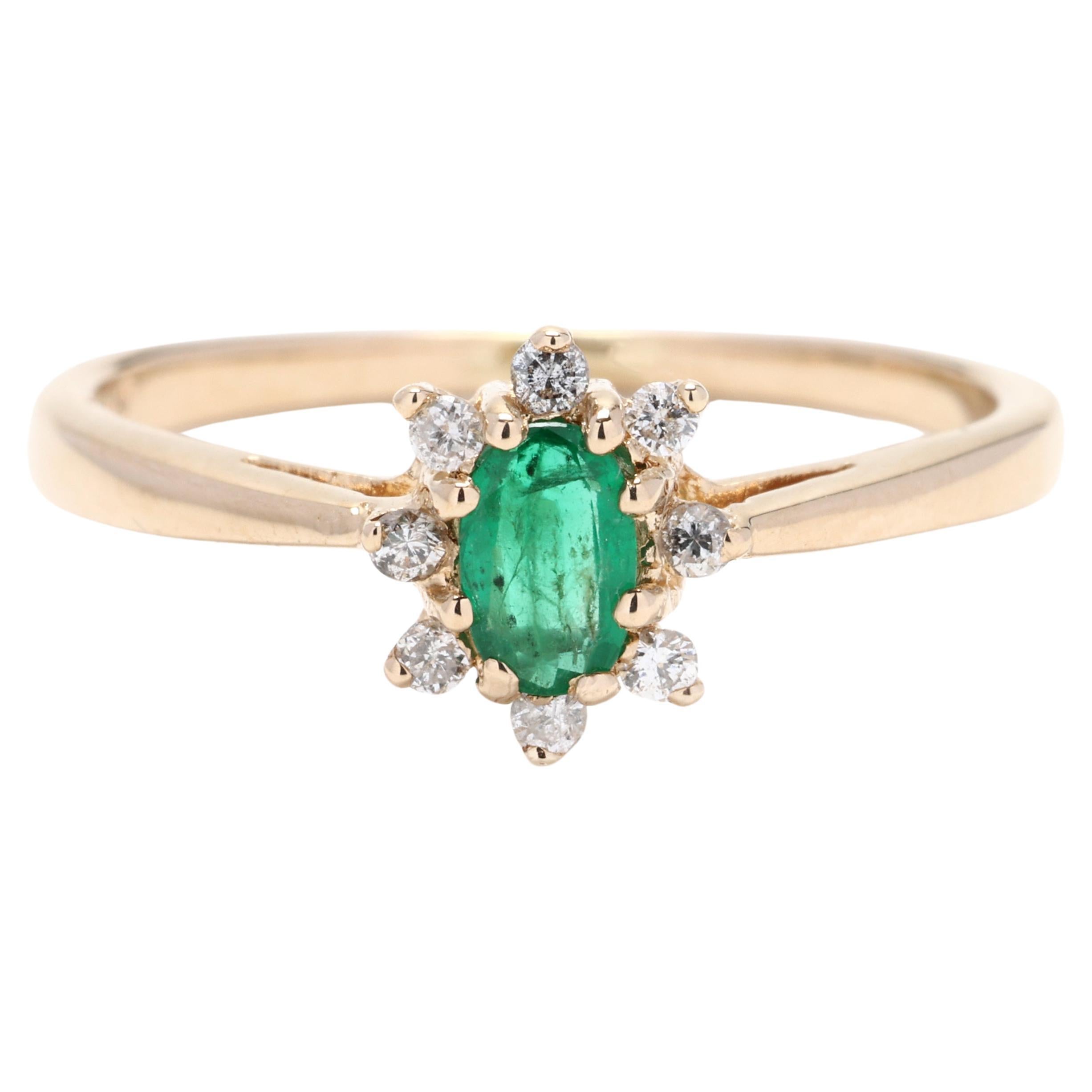 0.33 Emerald and Diamond Cluster Ring, 14k Yellow Gold, Ring Size 7, Flower