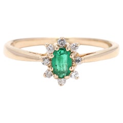 0.33 Emerald and Diamond Cluster Ring, 14k Yellow Gold, Ring Size 7, Flower