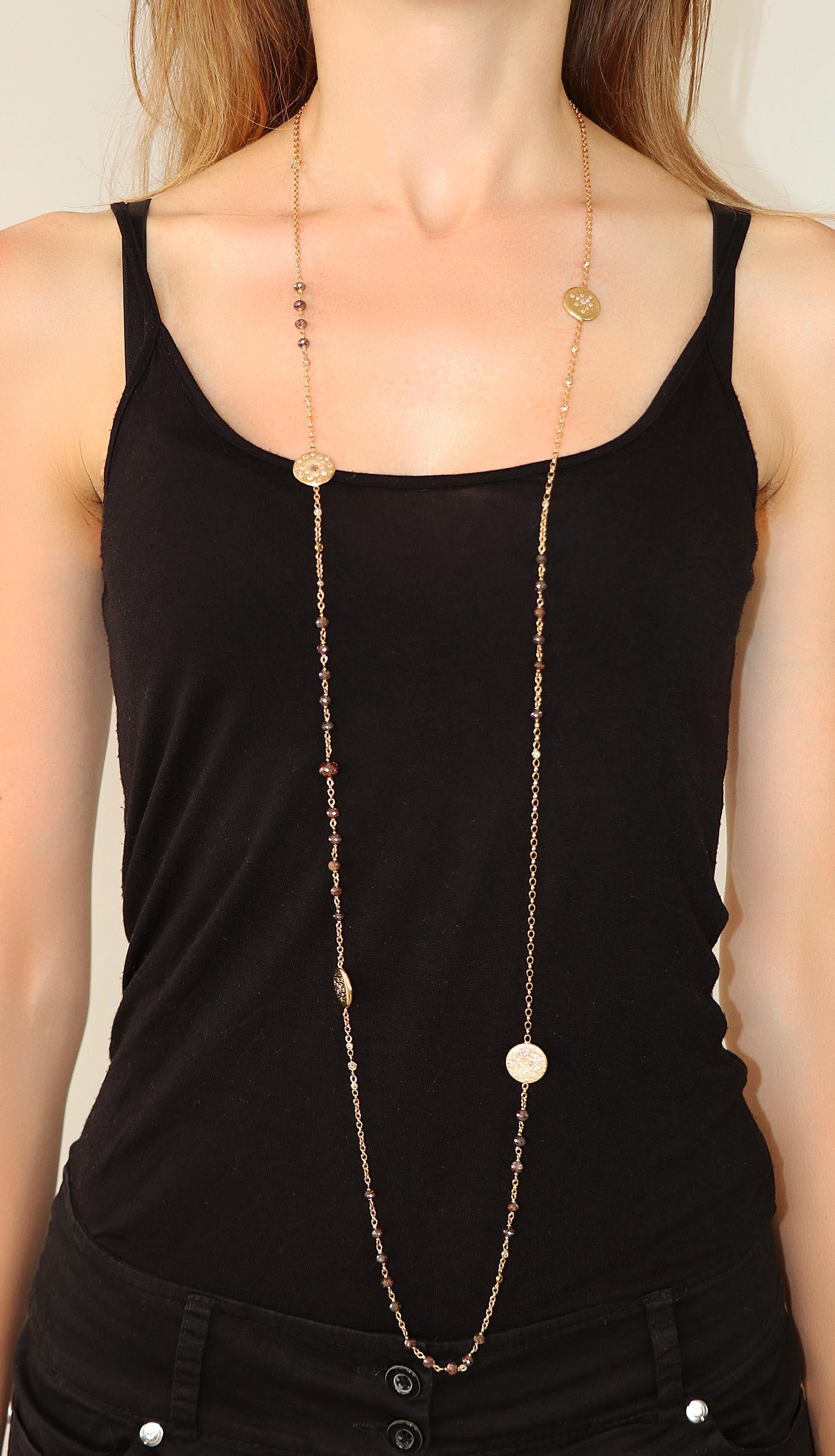 0.33 White GVS 33.46 Round, Bead, Rose Cut Brown Pink Gold Long Chain Necklace For Sale 3