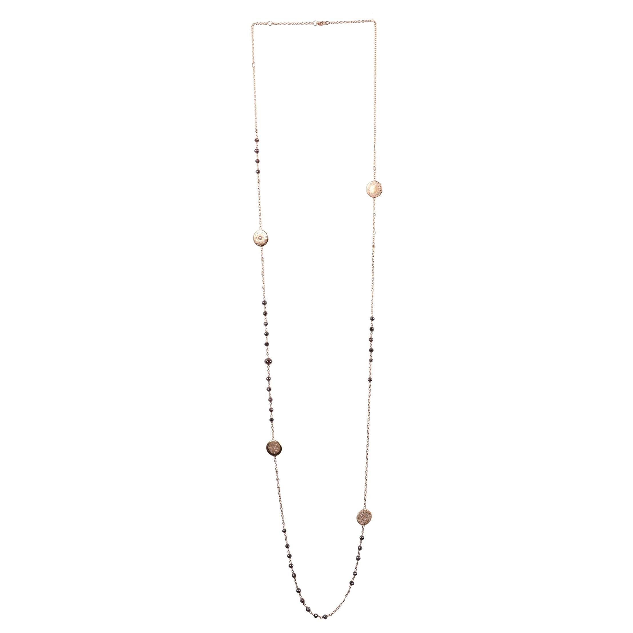 0.33 White GVS 33.46 Round, Bead, Rose Cut Brown Pink Gold Long Chain Necklace For Sale