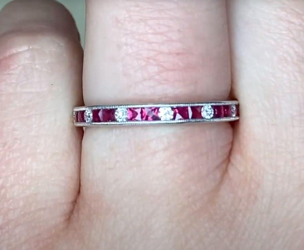 Round Cut 0.33ct Natural Ruby & 0.14ct Diamond Wedding Band, Platinum For Sale