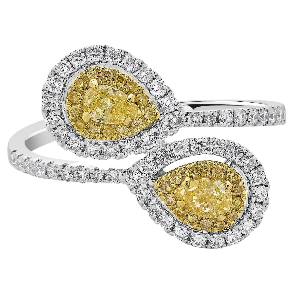 0.33ct Yellow Diamond Ring with 0.48tct Accent Diamonds Set in 18K Two Tone Gold For Sale