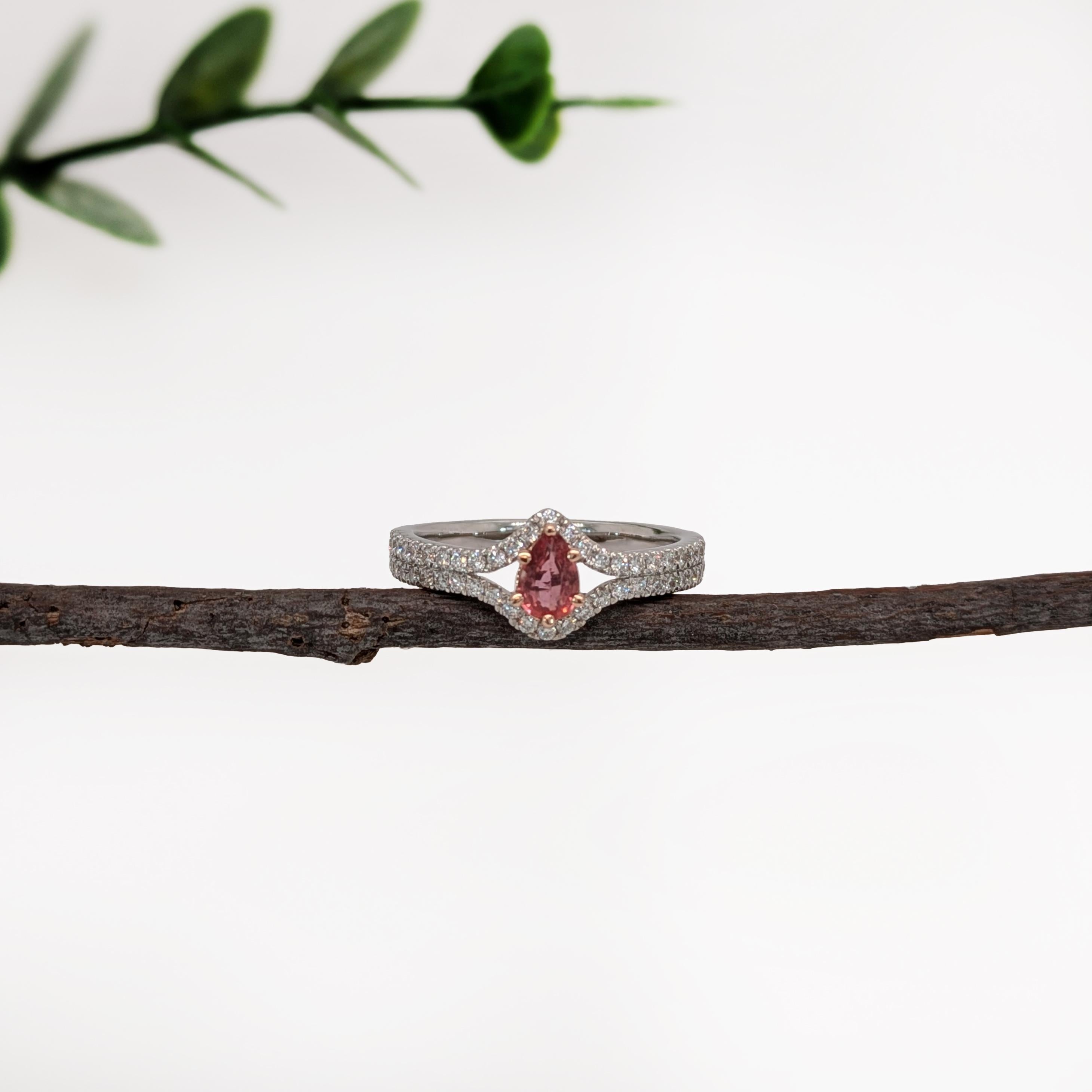 Contemporary 0.33cts Padparadscha Sapphire Ring w Diamond Halo in 14K Gold  Pear 6X4mm For Sale