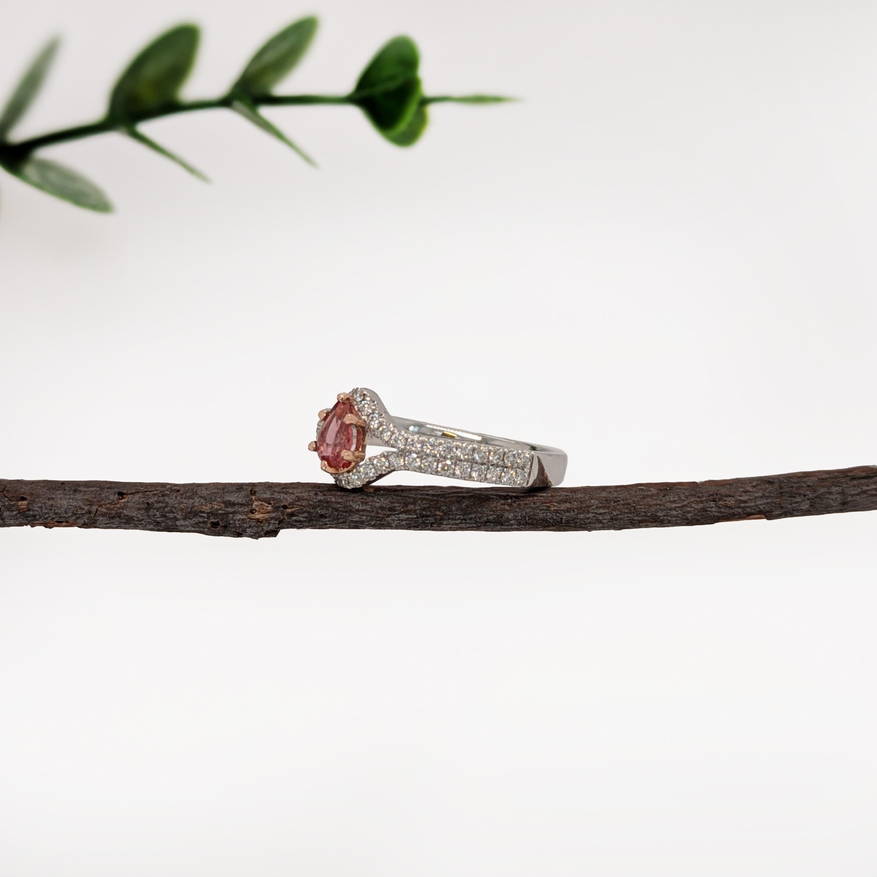 Pear Cut 0.33cts Padparadscha Sapphire Ring w Diamond Halo in 14K Gold  Pear 6X4mm For Sale