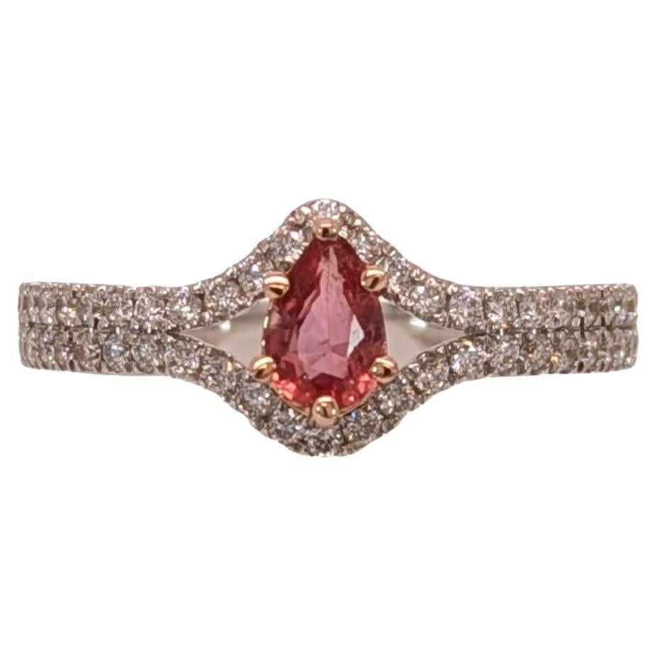 0.33cts Padparadscha Sapphire Ring w Diamond Halo in 14K Gold  Pear 6X4mm