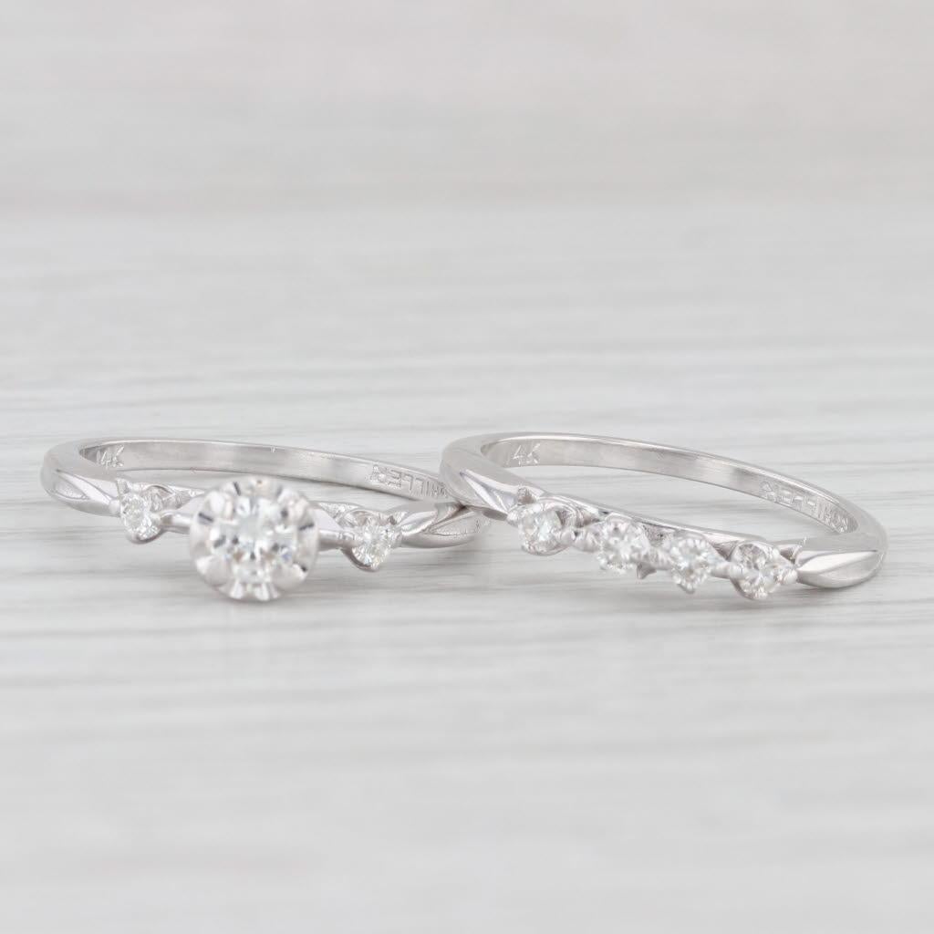 Taille ronde 0.33ctw Diamond Engagement Ring Wedding Band Set 14k White Gold Vintage