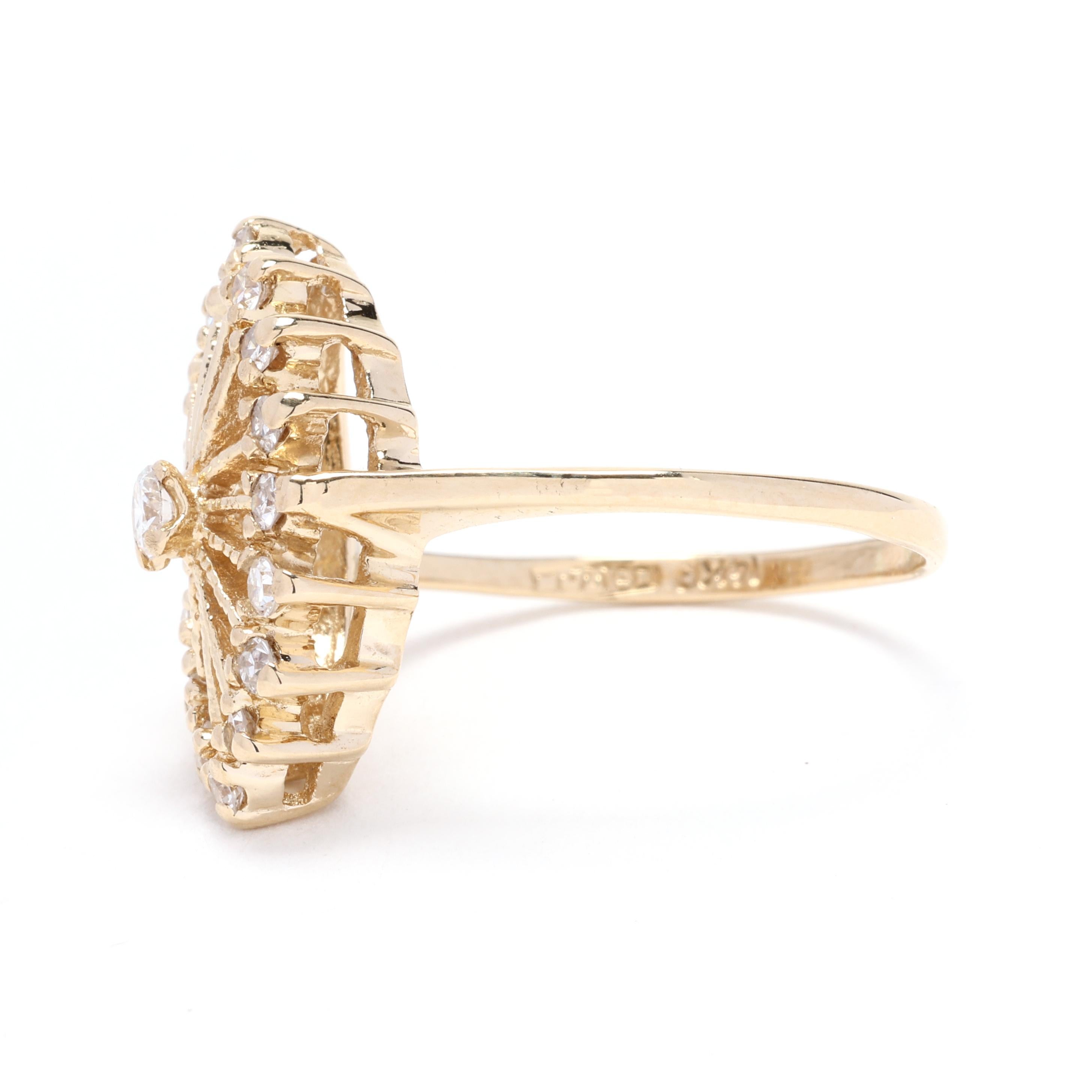 Bague navette en or jaune 14 carats et diamants 0,33 carat, taille de bague 5,5, grappe de diamants Bon état - En vente à McLeansville, NC