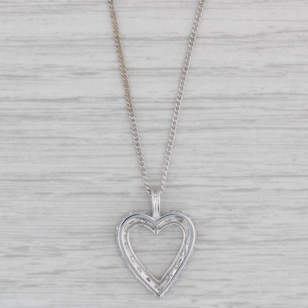 Round Cut 0.33ctw Diamond Open Heart Pendant Necklace 14k White Gold Curb Chain 18