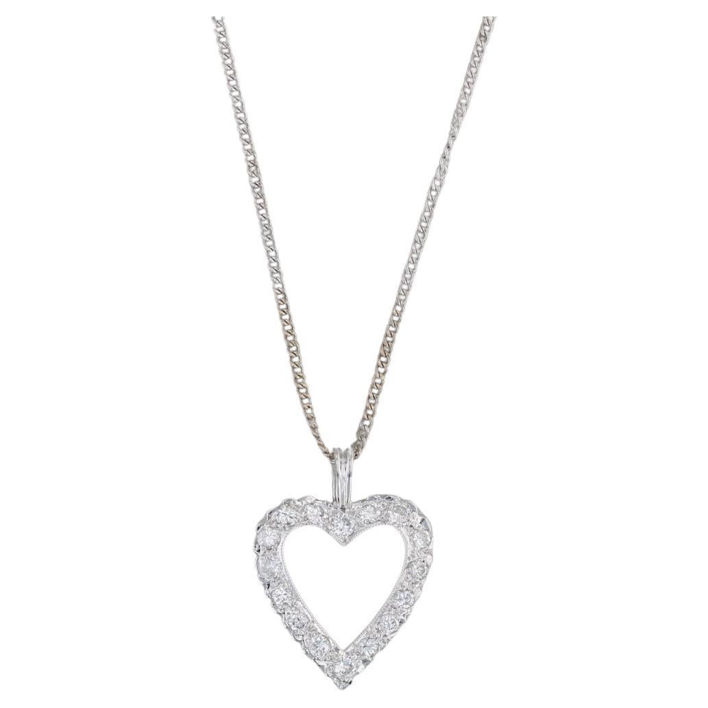0.33ctw Diamond Open Heart Pendant Necklace 14k White Gold Curb Chain 18"