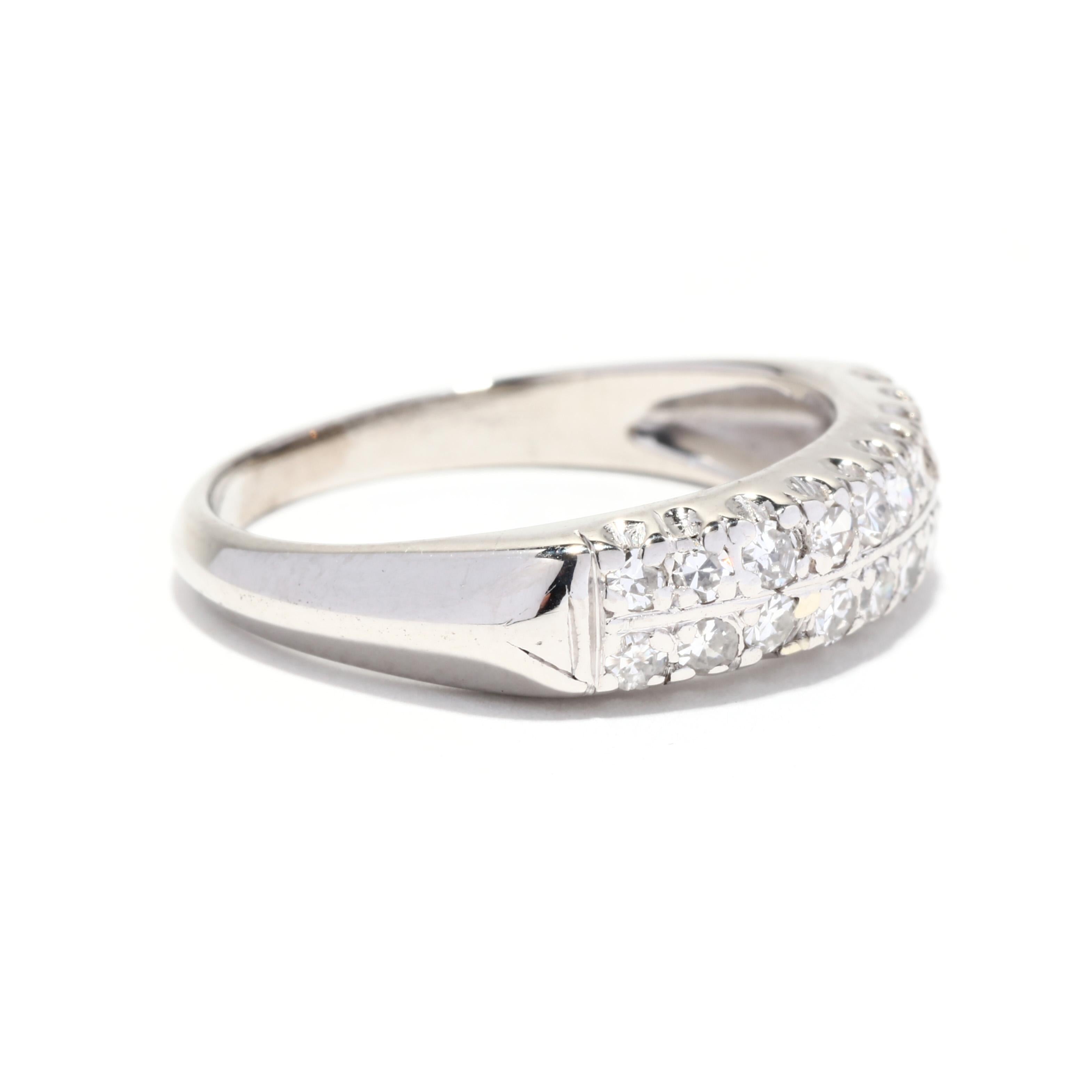 Stones:
- diamonds, 18 stones
- single cut round
- 1.6 - 1.9 mm
- approximately .33 total carats
- G-H color, VS2-SI2 clarity

Ring Size 6.75

Rise Off Of Finger: 3 mm

Width: 5.2 mm

Weight: 3.3 dwts. / 5.1 grams

Stamps: 10% IRID PLAT

A Couple Of