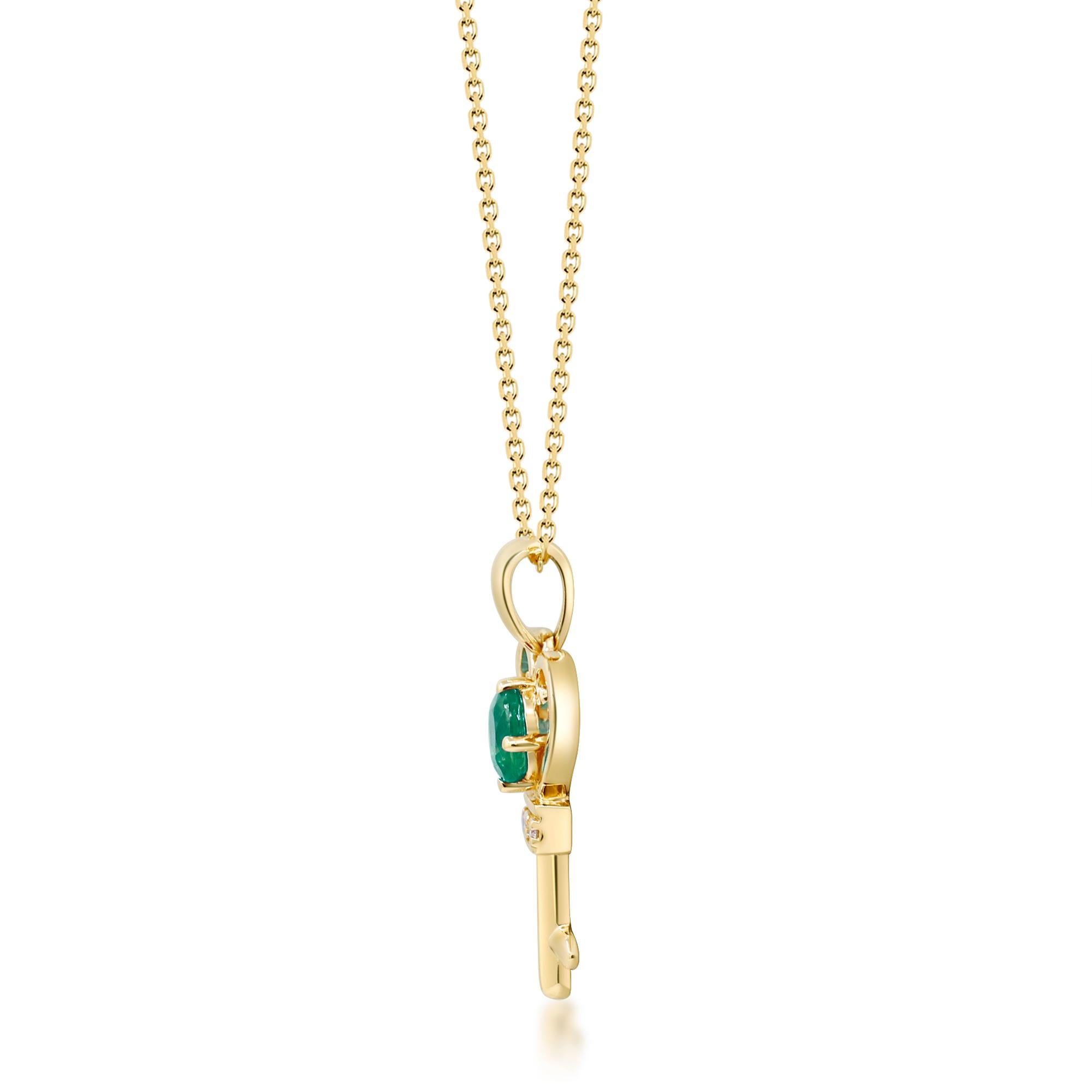 Decorate yourself in elegance with this Pendant is crafted from 14-karat Yellow Gold by Gin & Grace. This Pendant is made up of 5x4 mm Oval-Cut Emerald (1 pcs) 0.34 carat and Round-cut White Diamond (2 Pcs) 0.02 Carat. This Pendant is weight 2.82