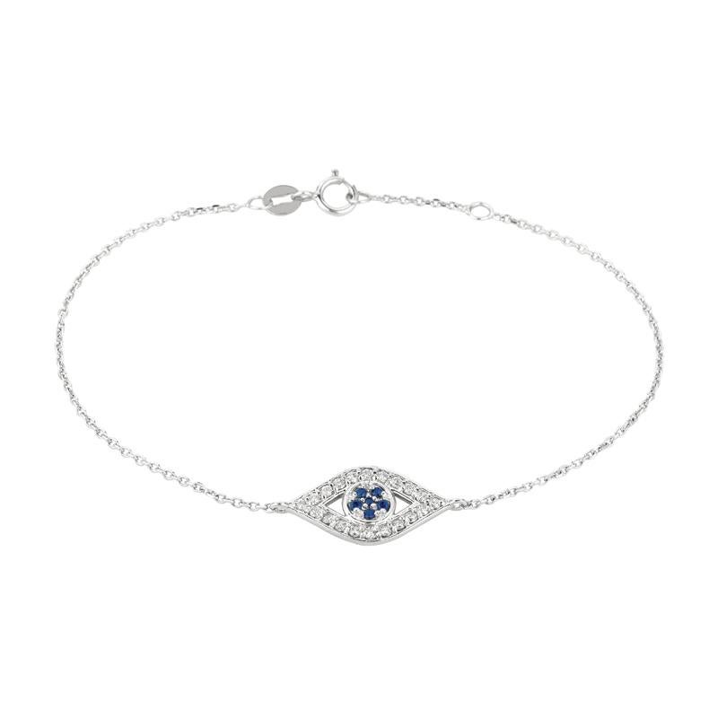 0.34 Carat Natural Sapphire and Diamond Eye Bracelet 14K White Gold 7''

100% Natural Diamonds and Sapphires 
0.34CTW (20 diamonds - 0.25CT, 6 Sapphires - 0.09CT)
Dia Color: G-H 
Dia Clarity: SI  
14K White Gold, pave style, 1.8 grams 
7 inches in