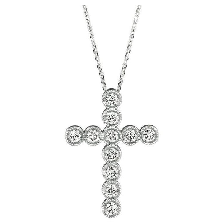 Collier croix en or blanc 14 carats avec diamants naturels de 0,34 carat G SI en vente
