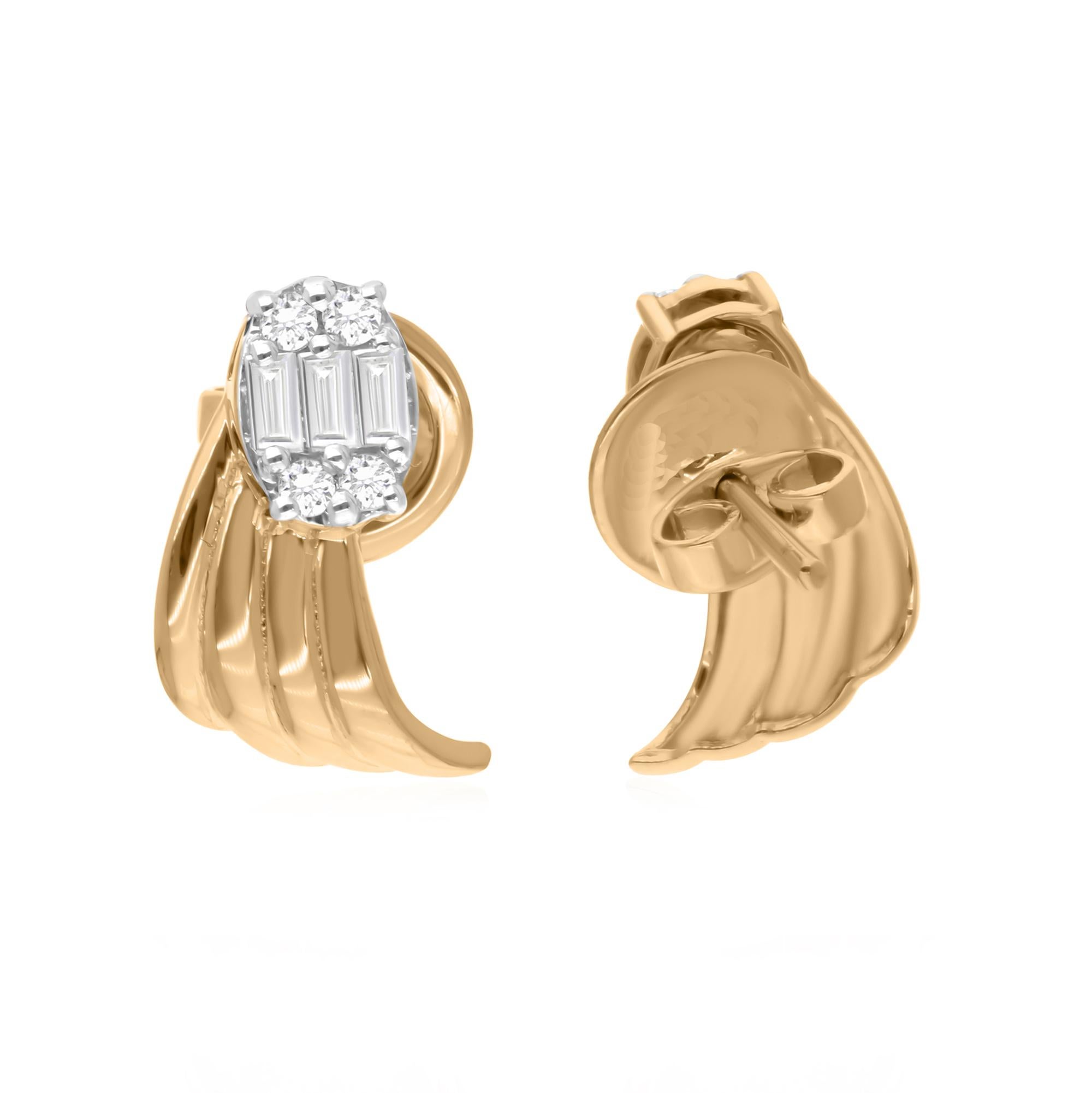 Baguette Cut 0.34 Carat SI Clarity HI Color Baguette Diamond Earrings 14 Karat Yellow Gold For Sale