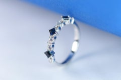 0.37 Carat Square Cut Blue Sapphire and Round Diamond 18 Karat White Gold Ring