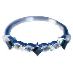 0.37 Carat Square Cut Blue Sapphire and Round Diamond 18 Karat White Gold Ring