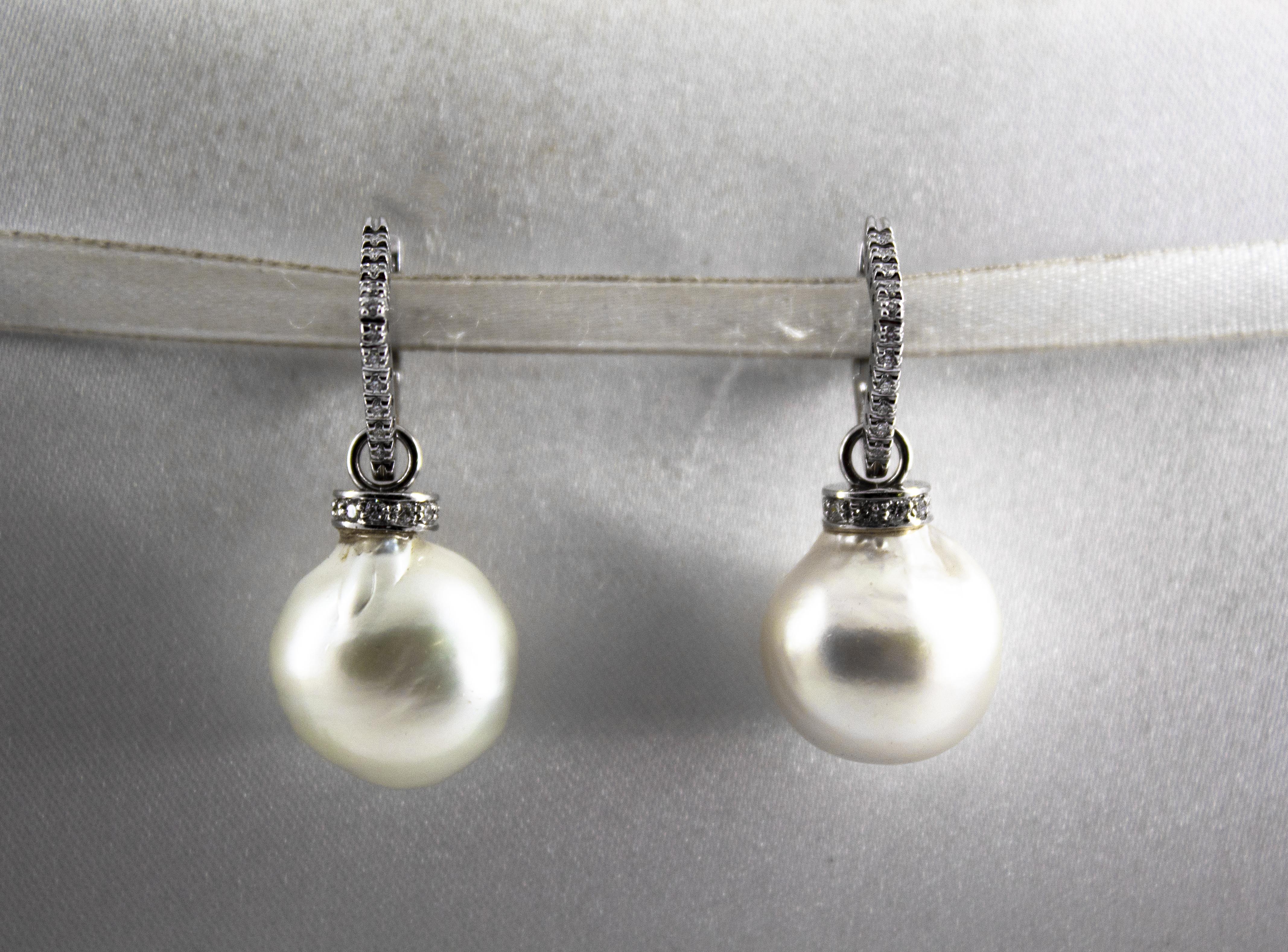 Modern 0.34 Carat White Diamond Australian Pearl White Gold Lever-Back Earrings