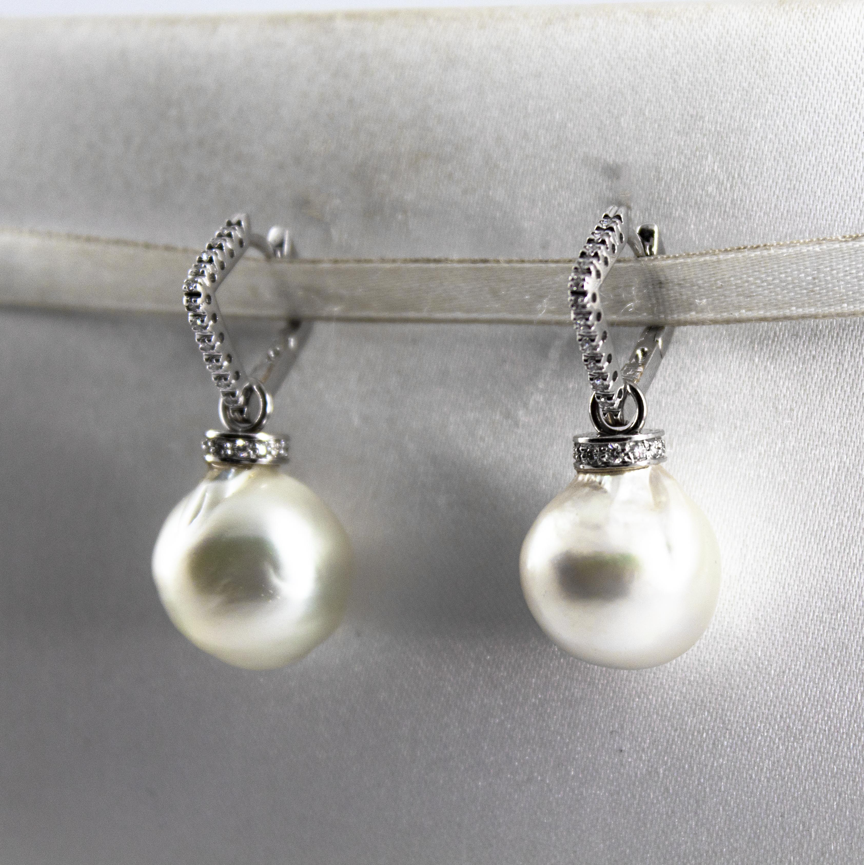 0.34 Carat White Diamond Australian Pearl White Gold Lever-Back Earrings 1