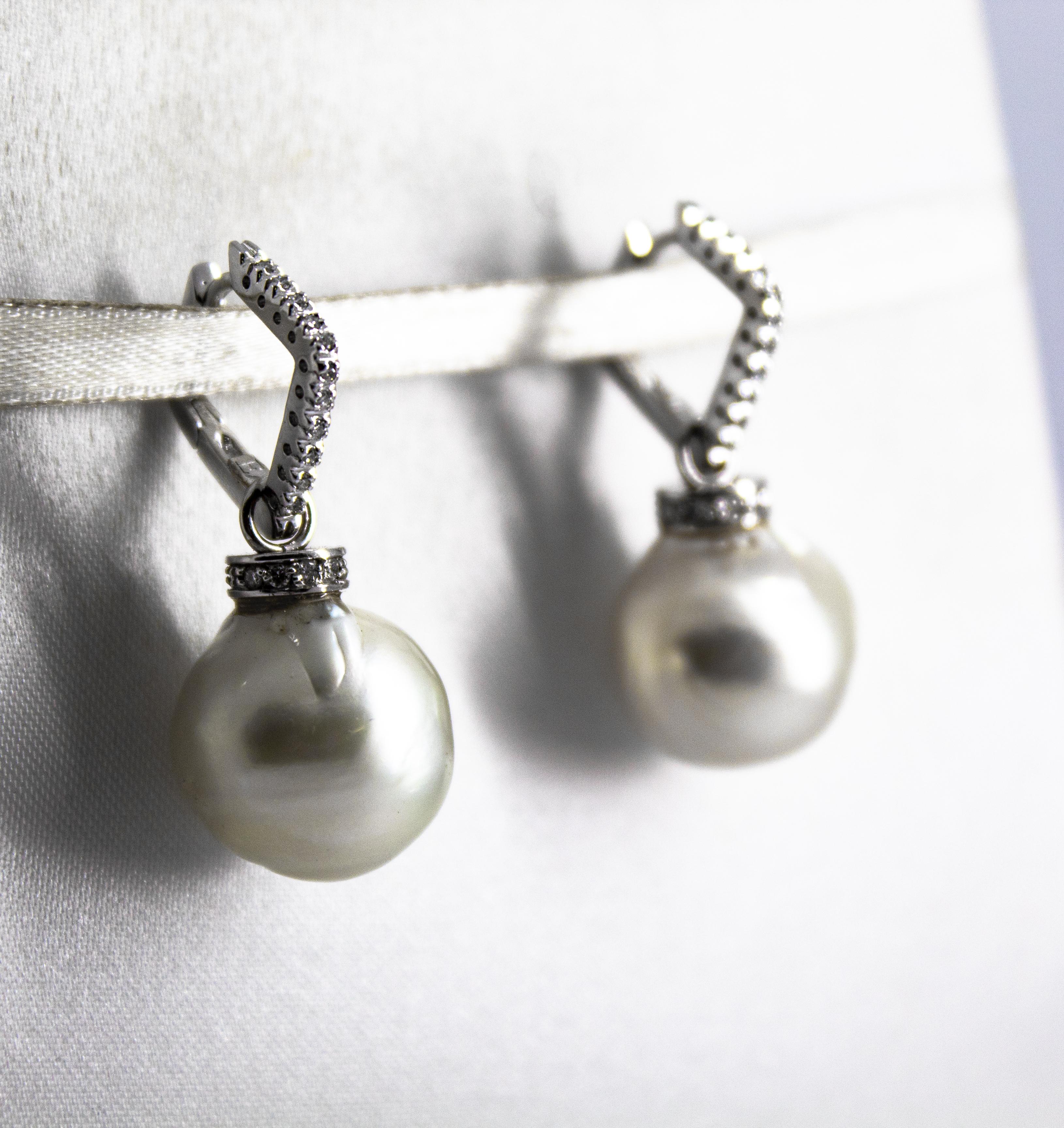 0.34 Carat White Diamond Australian Pearl White Gold Lever-Back Earrings 2