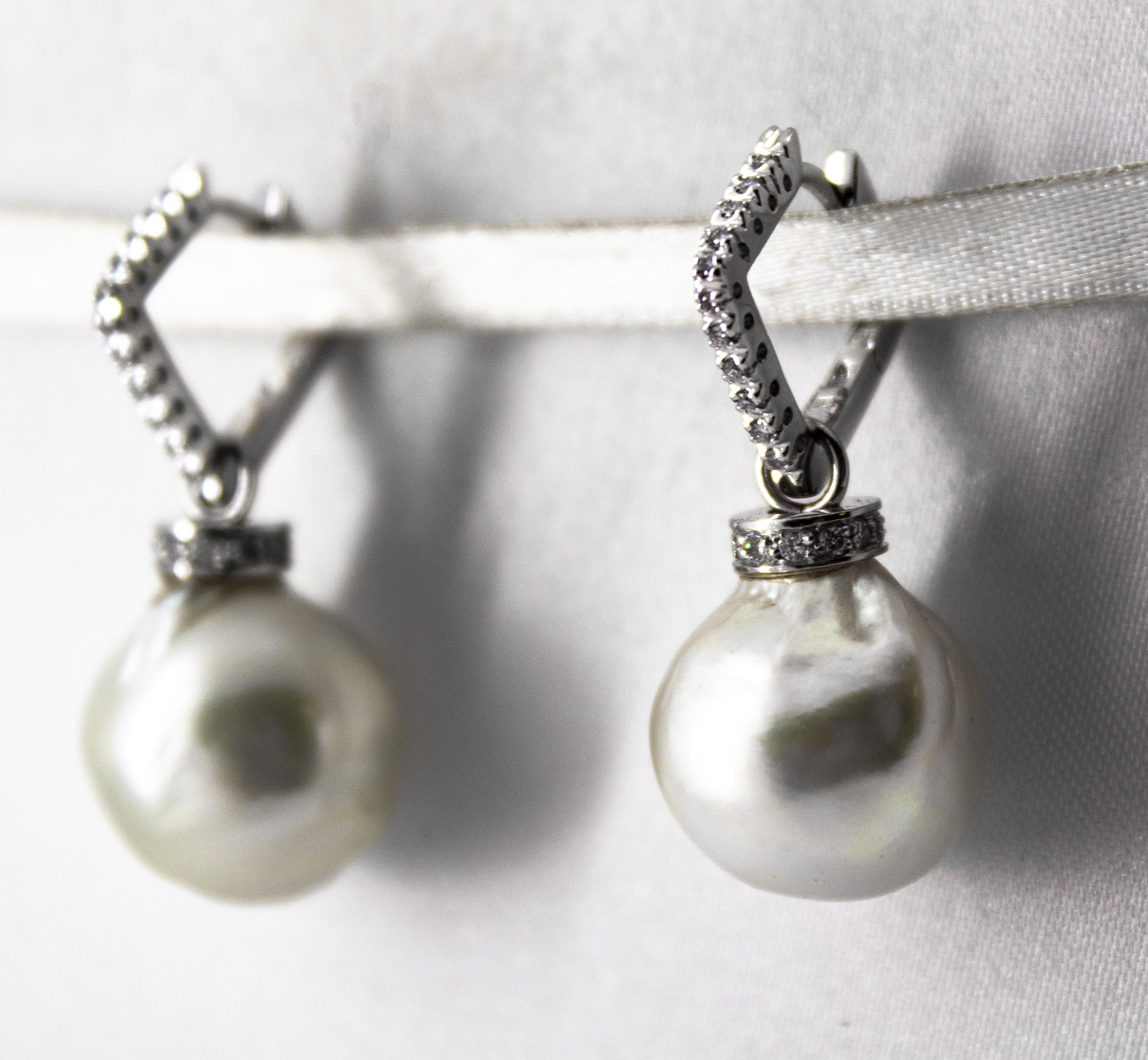 0.34 Carat White Diamond Australian Pearl White Gold Lever-Back Earrings 4
