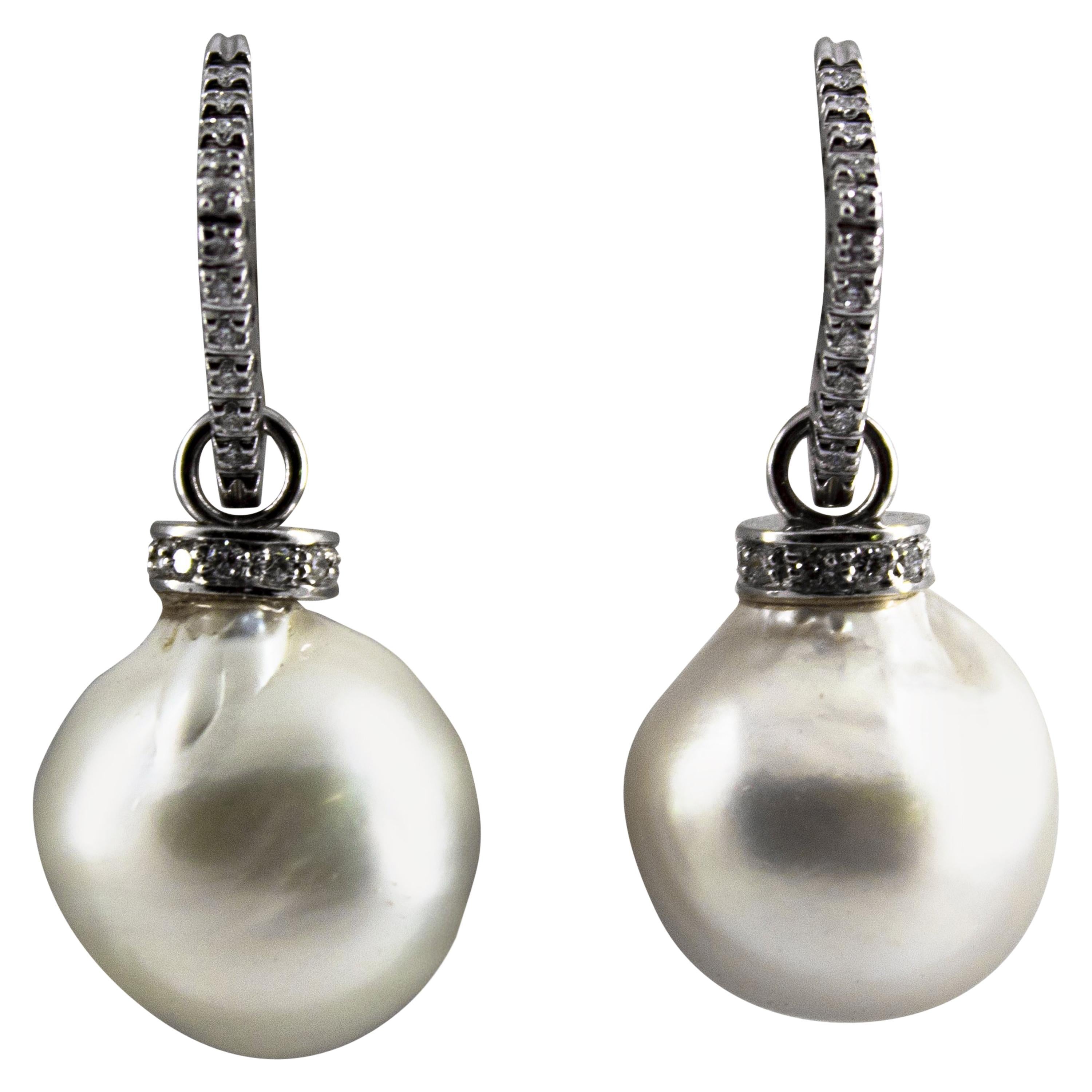 0.34 Carat White Diamond Australian Pearl White Gold Lever-Back Earrings