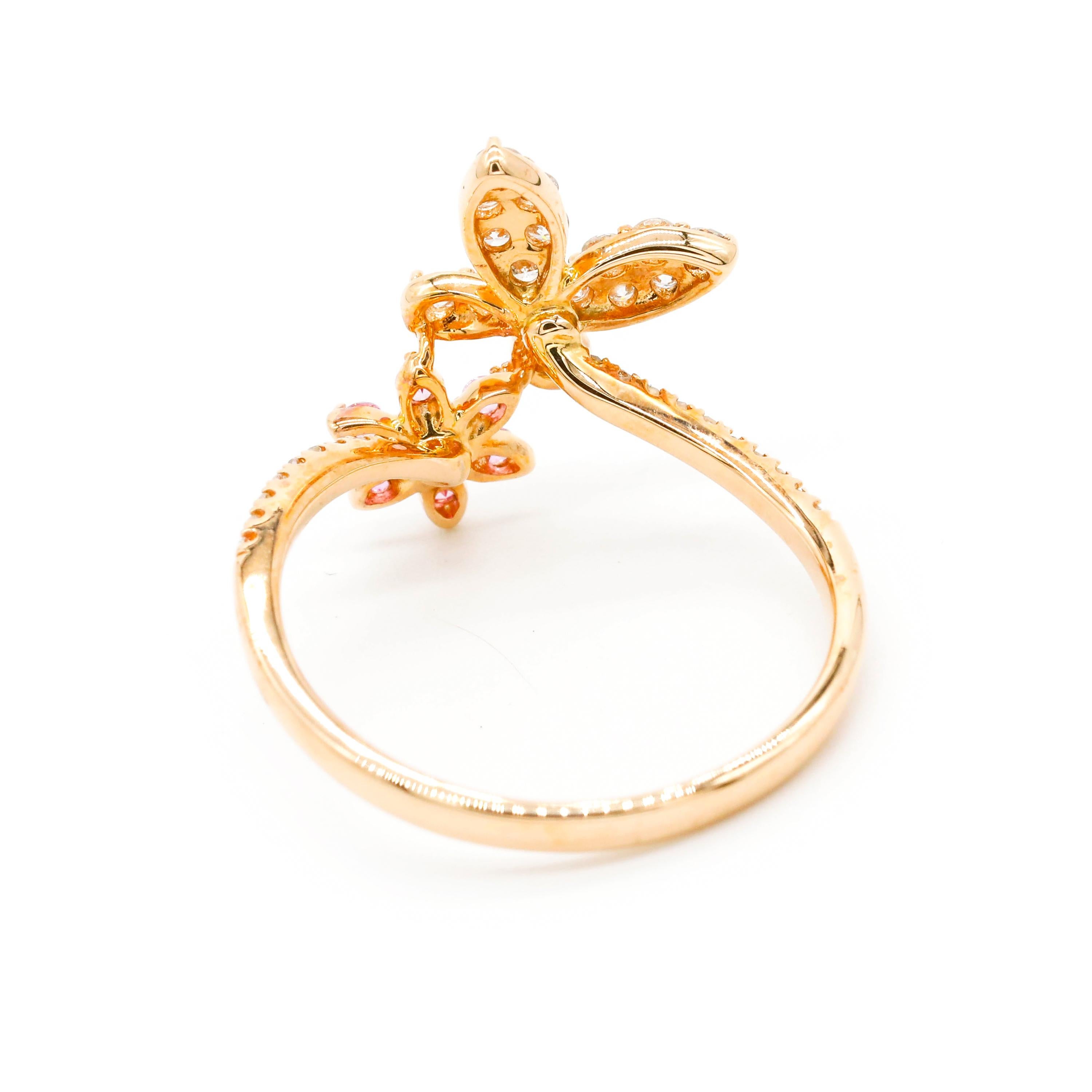 Contemporary 0.34 Ct Diamond and Pink Sapphire 14k Yellow Gold Daisy Flower Butterfly Ring For Sale