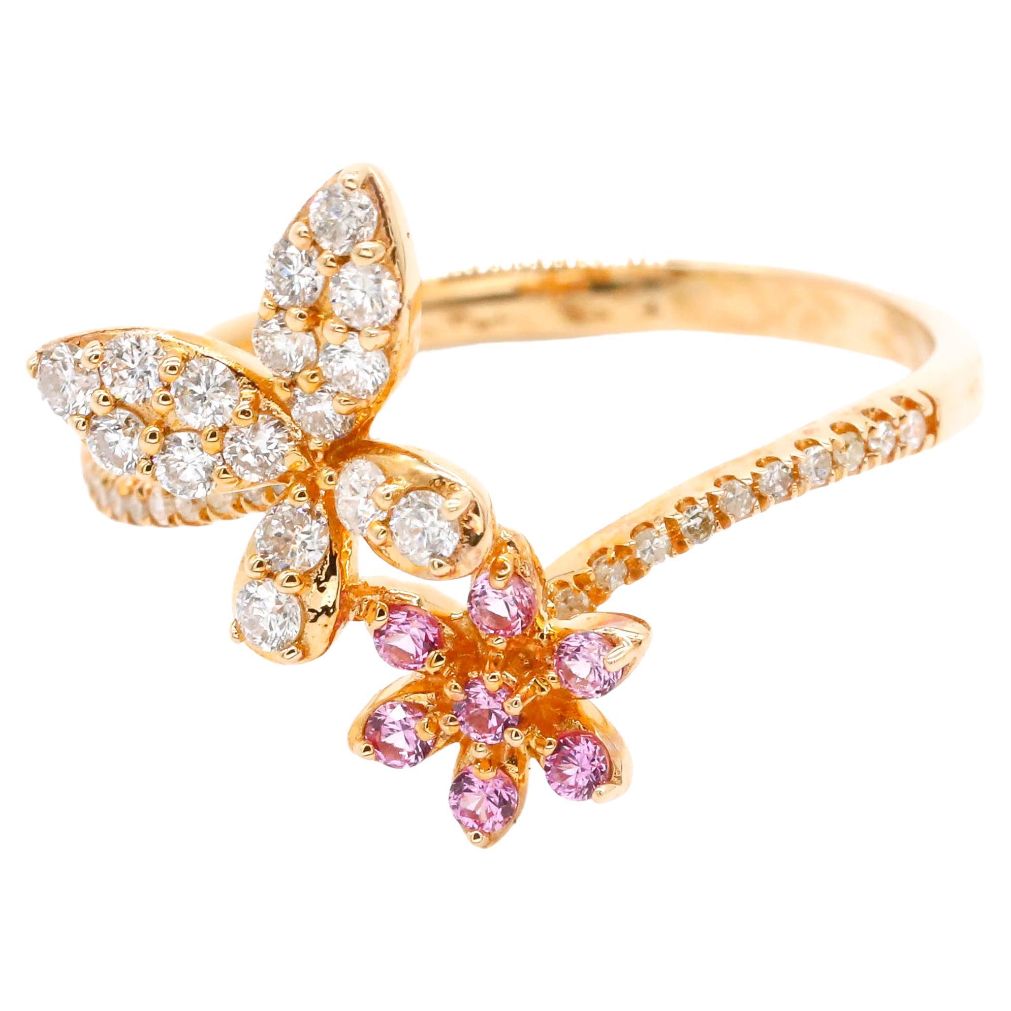 Bague papillon en forme de marguerite en or jaune 14 carats avec diamants 0,34 carat et saphir rose