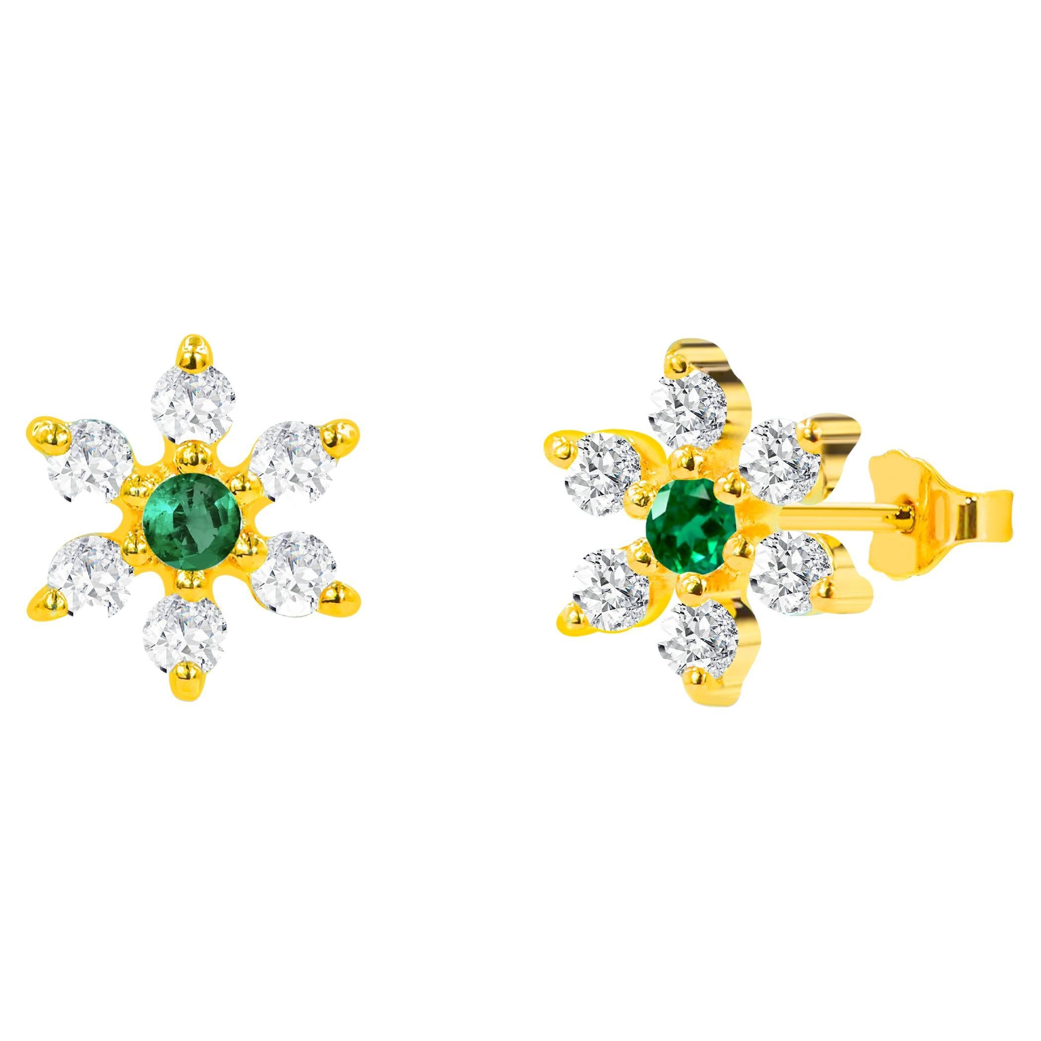 0.34ct Ruby, Emerald and Sapphire Flower Studs with Diamonds in 14k Gold For Sale