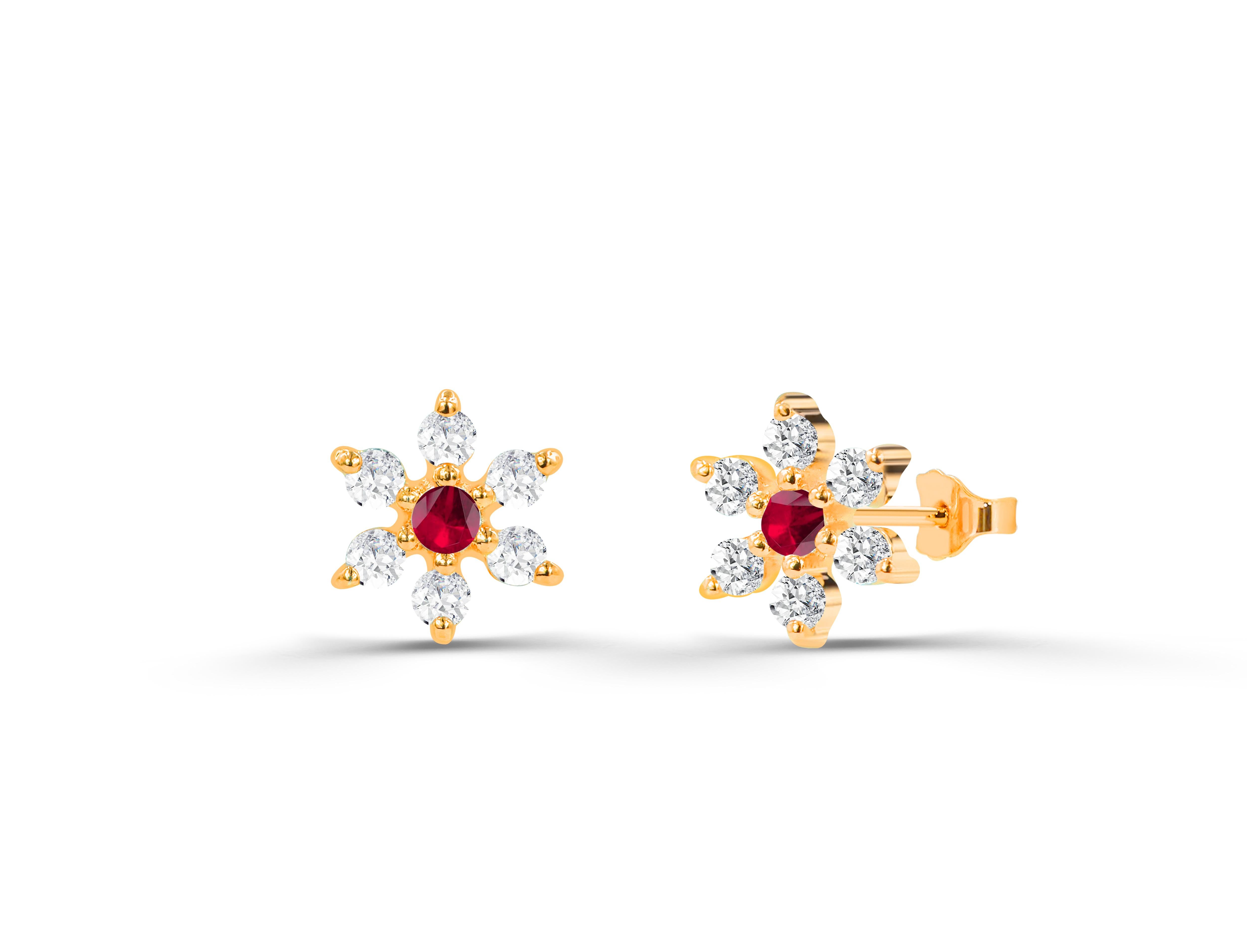 Modern 0.34ct Ruby, Emerald and Sapphire Flower Studs with Diamonds in 18k Gold For Sale