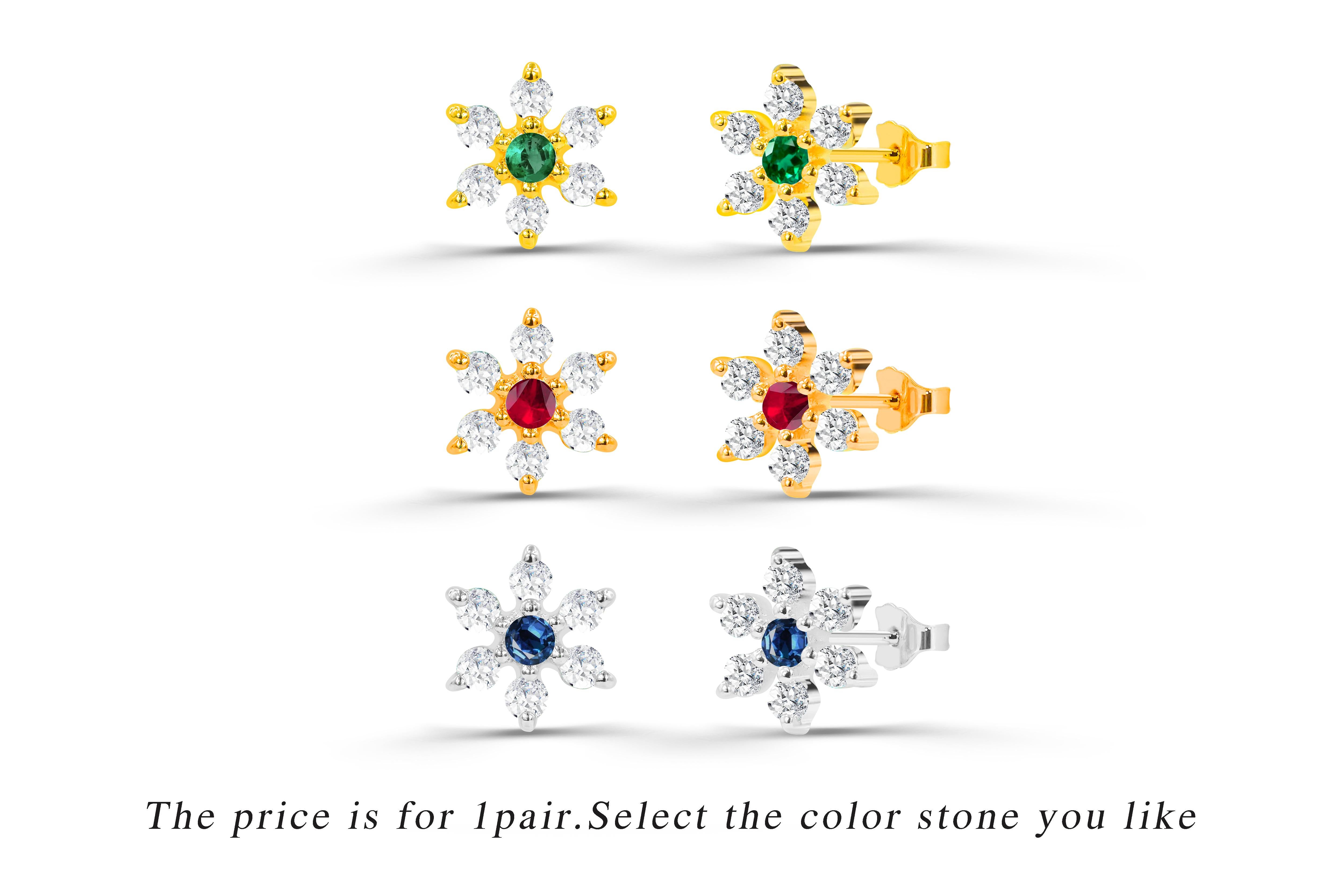 Round Cut 0.34ct Ruby, Emerald and Sapphire Flower Studs with Diamonds in 14k Gold For Sale