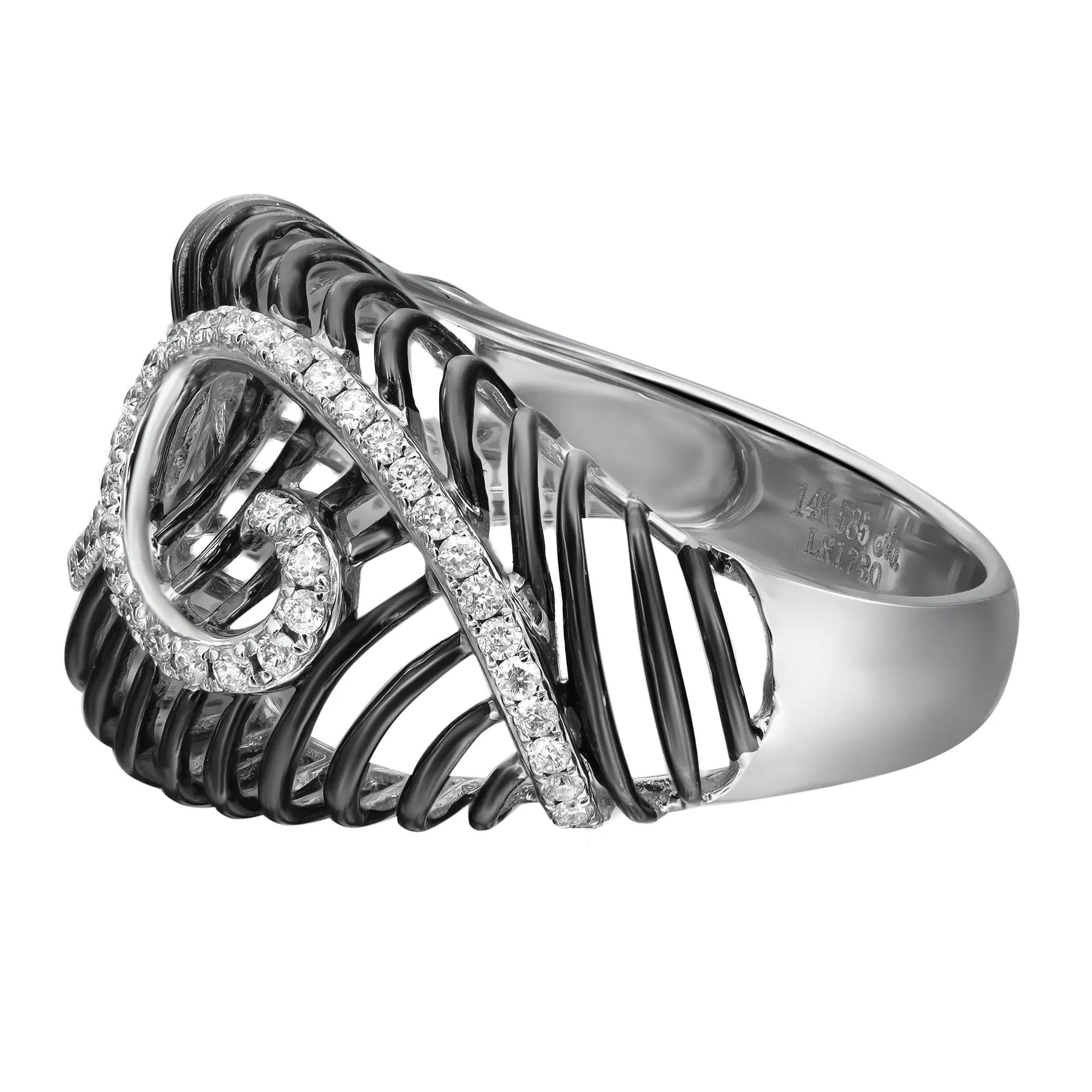 This stunning one of a kind wide cocktail ring is crafted in 14k white gold. It features dark rhodium plated intricate wire work design with prong set round brilliant cut diamonds weighing 0.34 carat. Ring size: 7.5. Total weight: 5.60 grams.