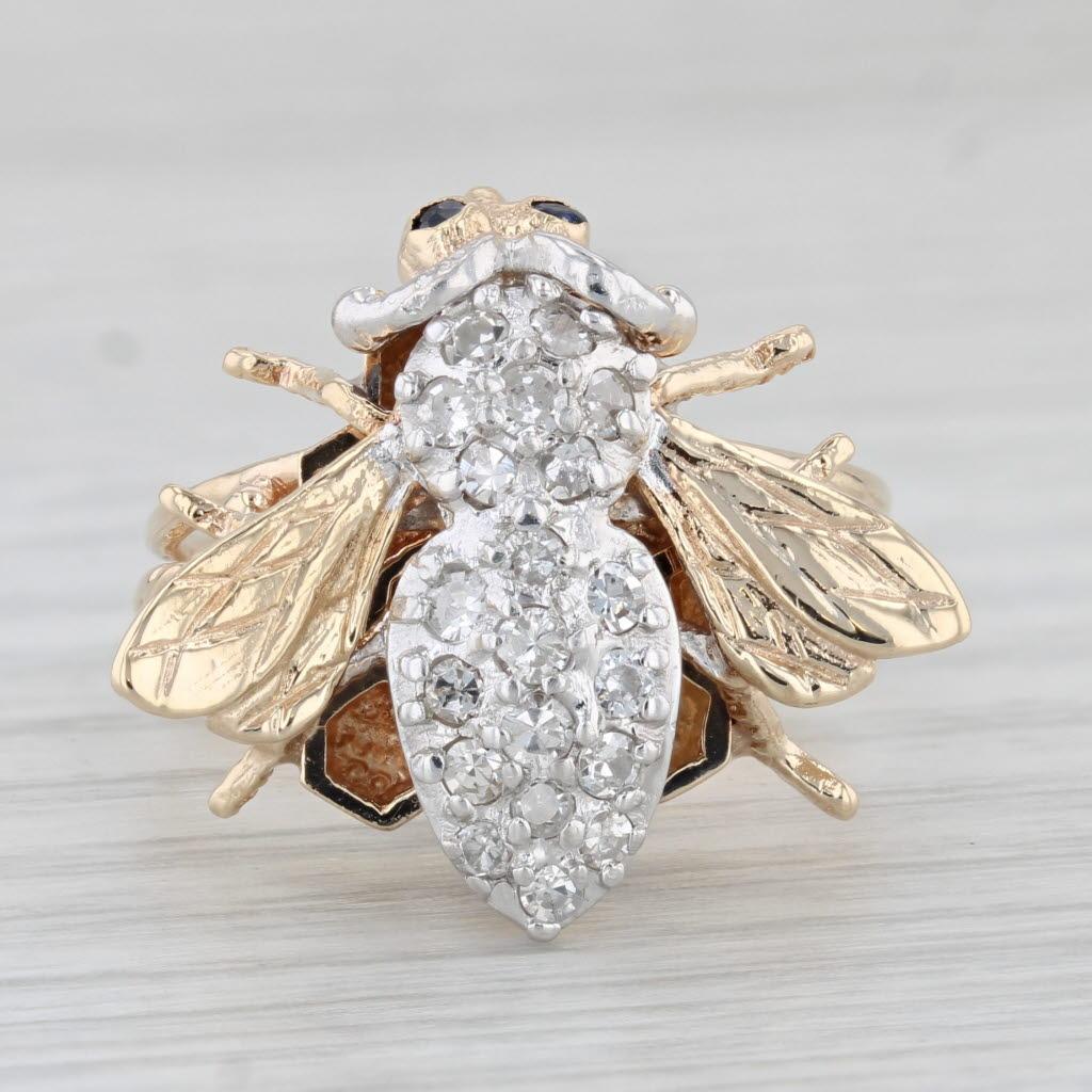 Round Cut 0.34ctw Diamond Sapphire Bee Ring 14k Yellow Gold Size 7.5 Cocktail For Sale