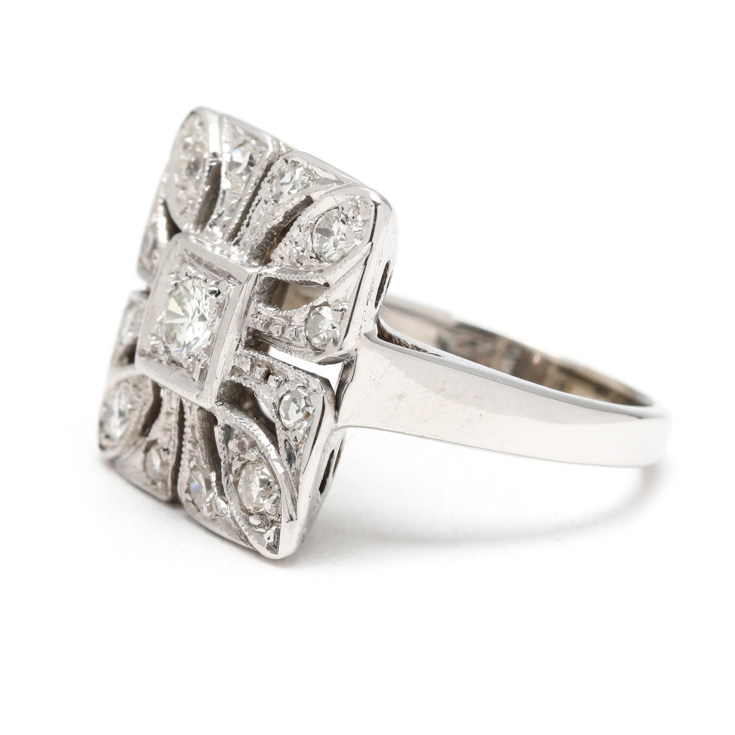 Taille ronde 0.34ctw Diamond Square Statement Ring, 14k White Gold, Taille de bague 3 en vente