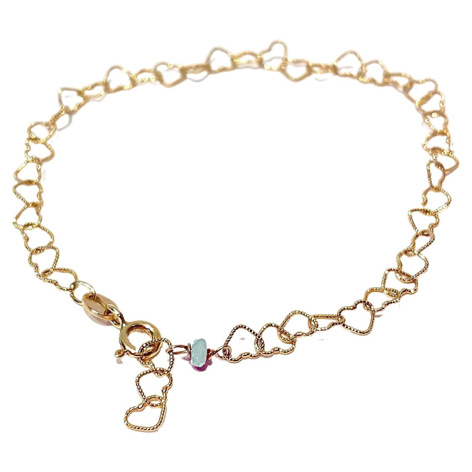 0.35 Carat Bead Cut Aquamarine 18 Karat Yellow Gold Little Heart Chain Bracelet 