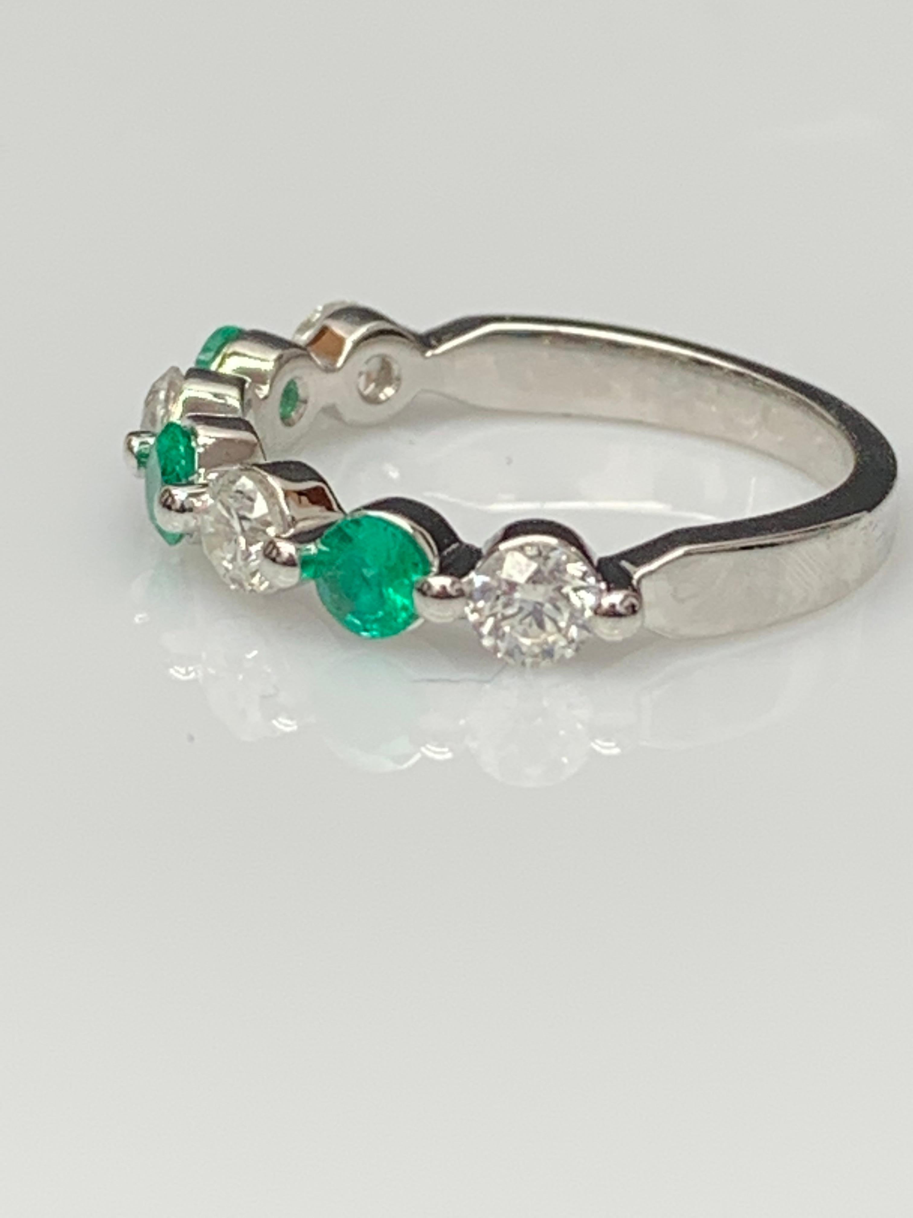 Contemporary 0.35 Carat Brilliant Cut Emerald and Diamond 7 Stone Wedding Band 14K White Gold For Sale