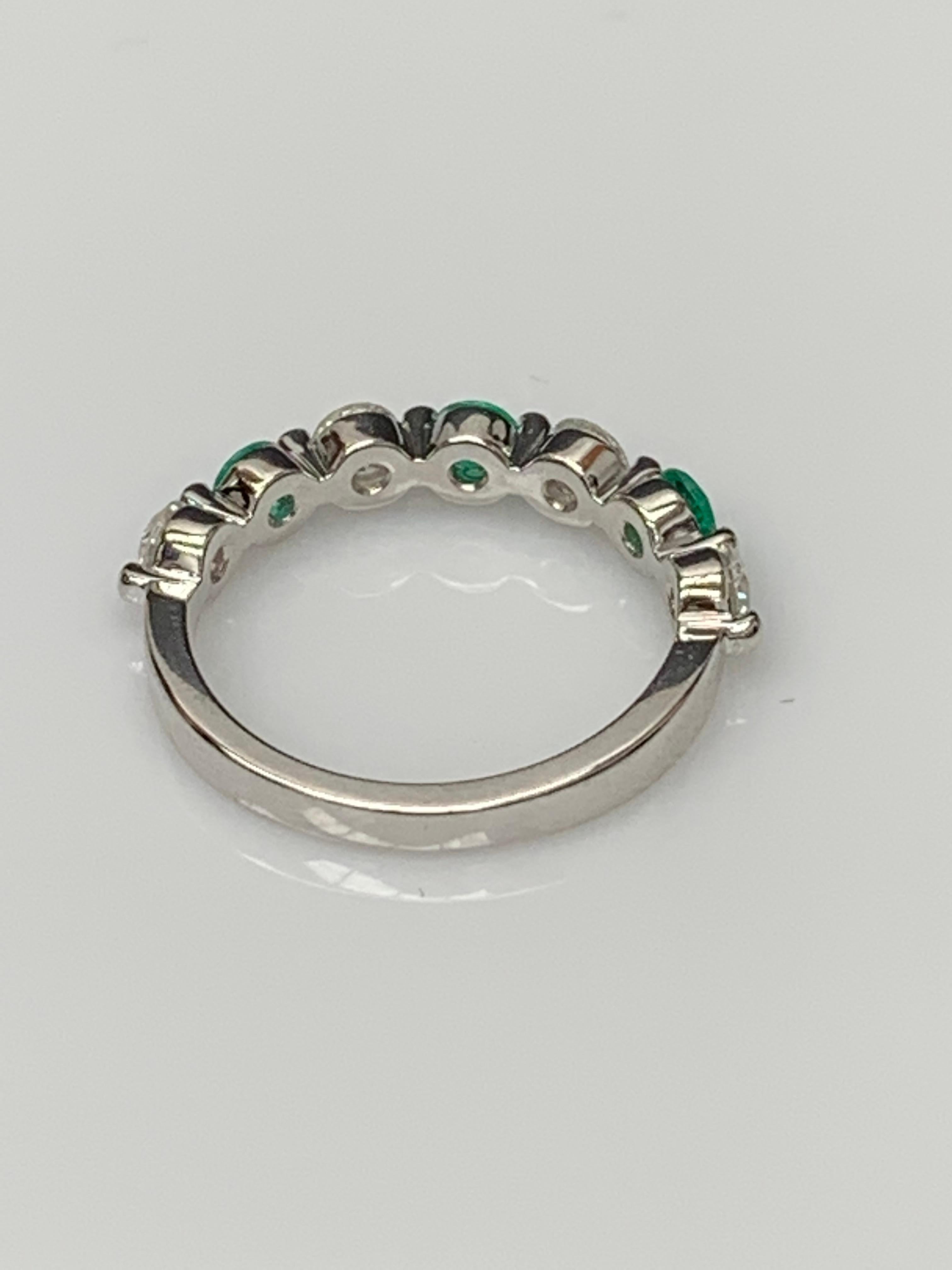 Women's 0.35 Carat Brilliant Cut Emerald and Diamond 7 Stone Wedding Band 14K White Gold For Sale