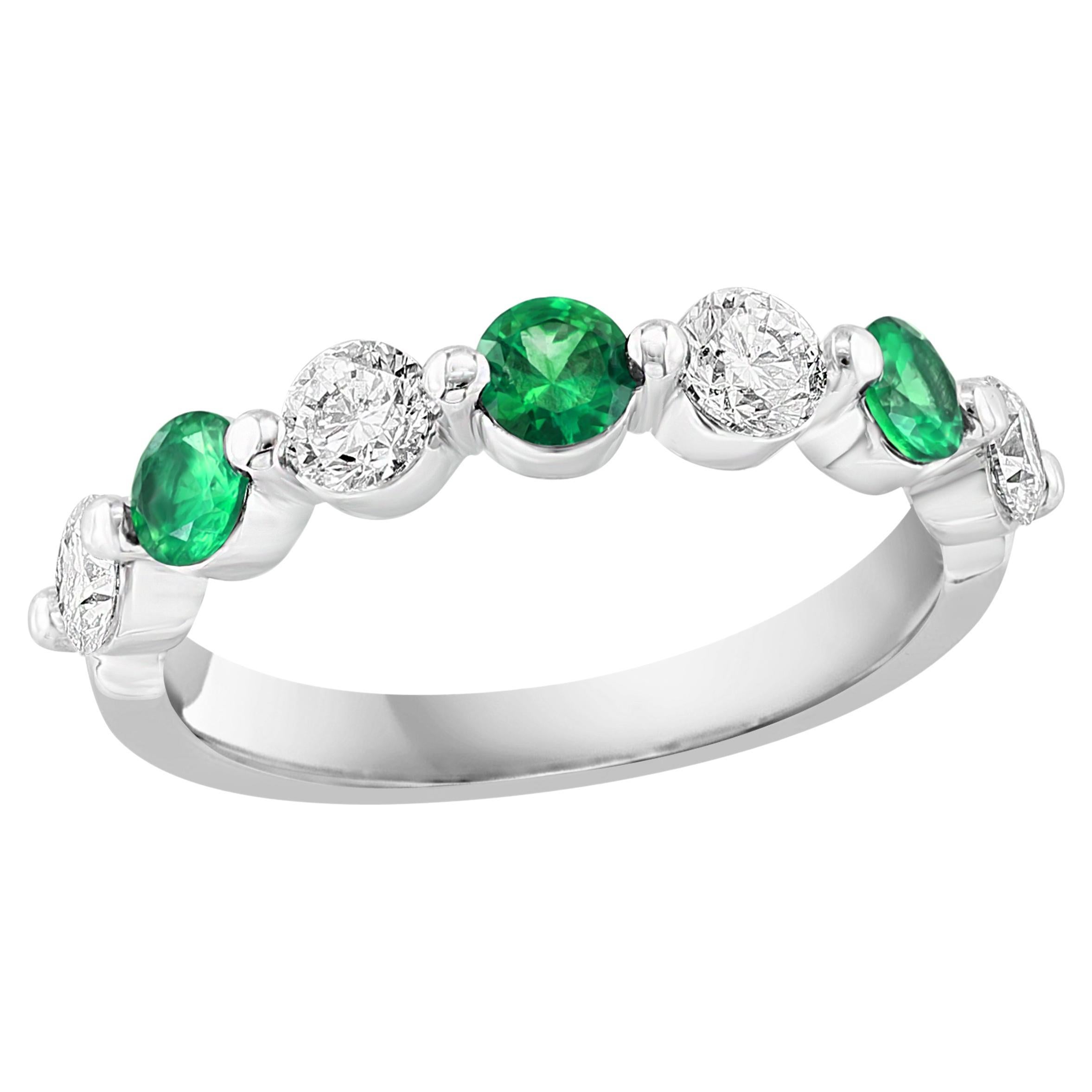 0.35 Carat Brilliant Cut Emerald and Diamond 7 Stone Wedding Band 14K White Gold