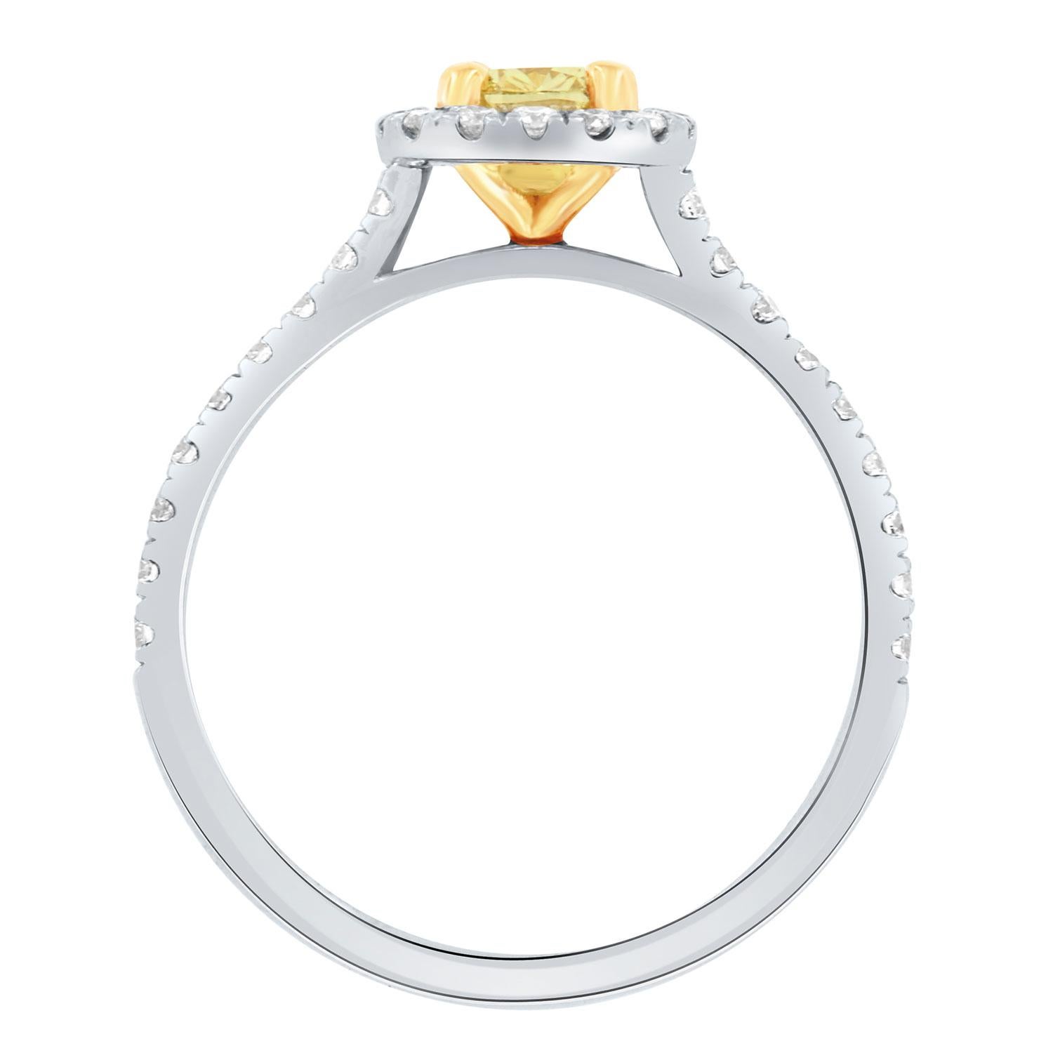 0.35 Carat Cushion Shape Yellow Diamond Halo 18k Two Tone Ring In New Condition For Sale In San Francisco, CA